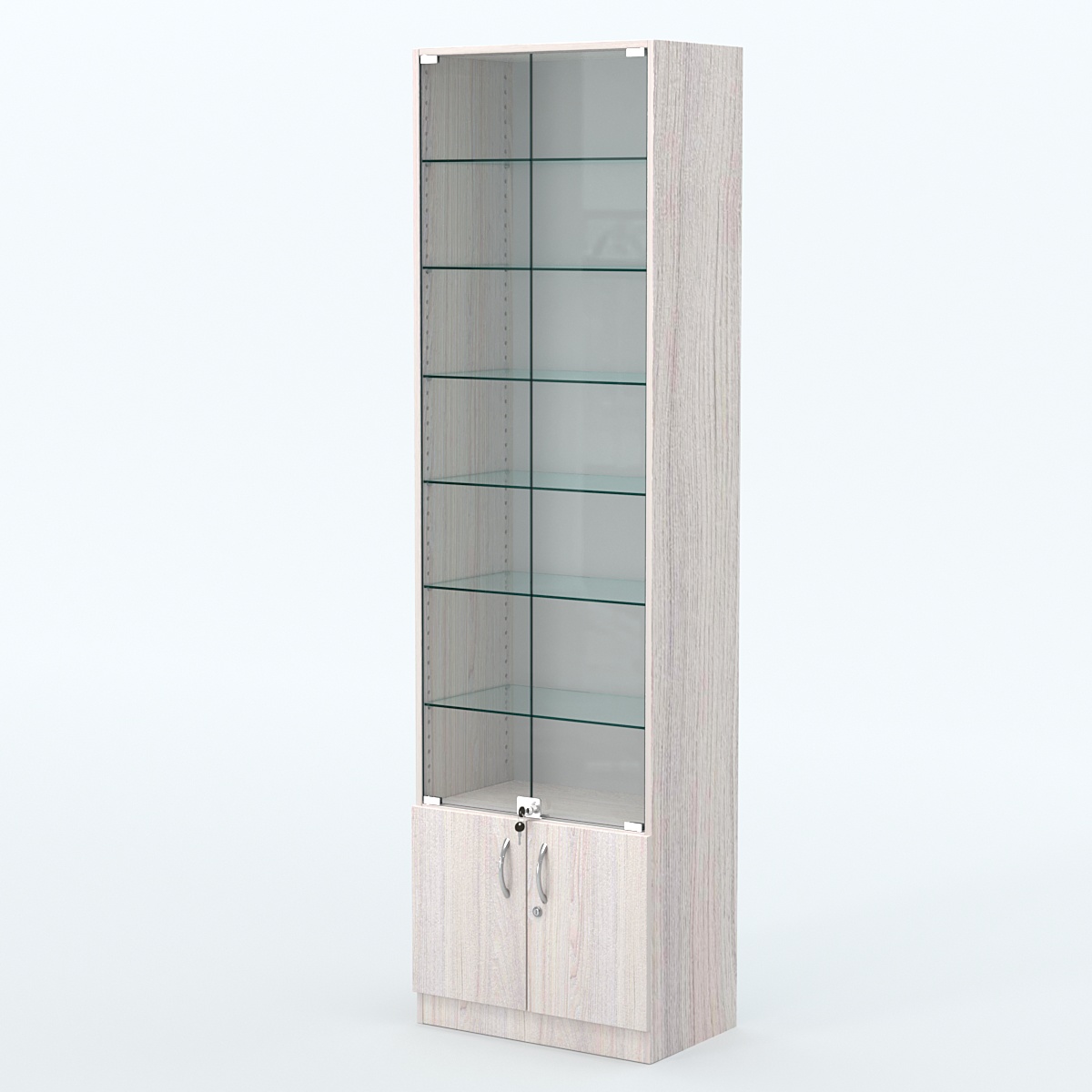 Торговая витрина с 6-ю стеклянными полками 350x600 мм серии NEXT-6 №6 (З/C - ДВП) Ясень Анкор светлый