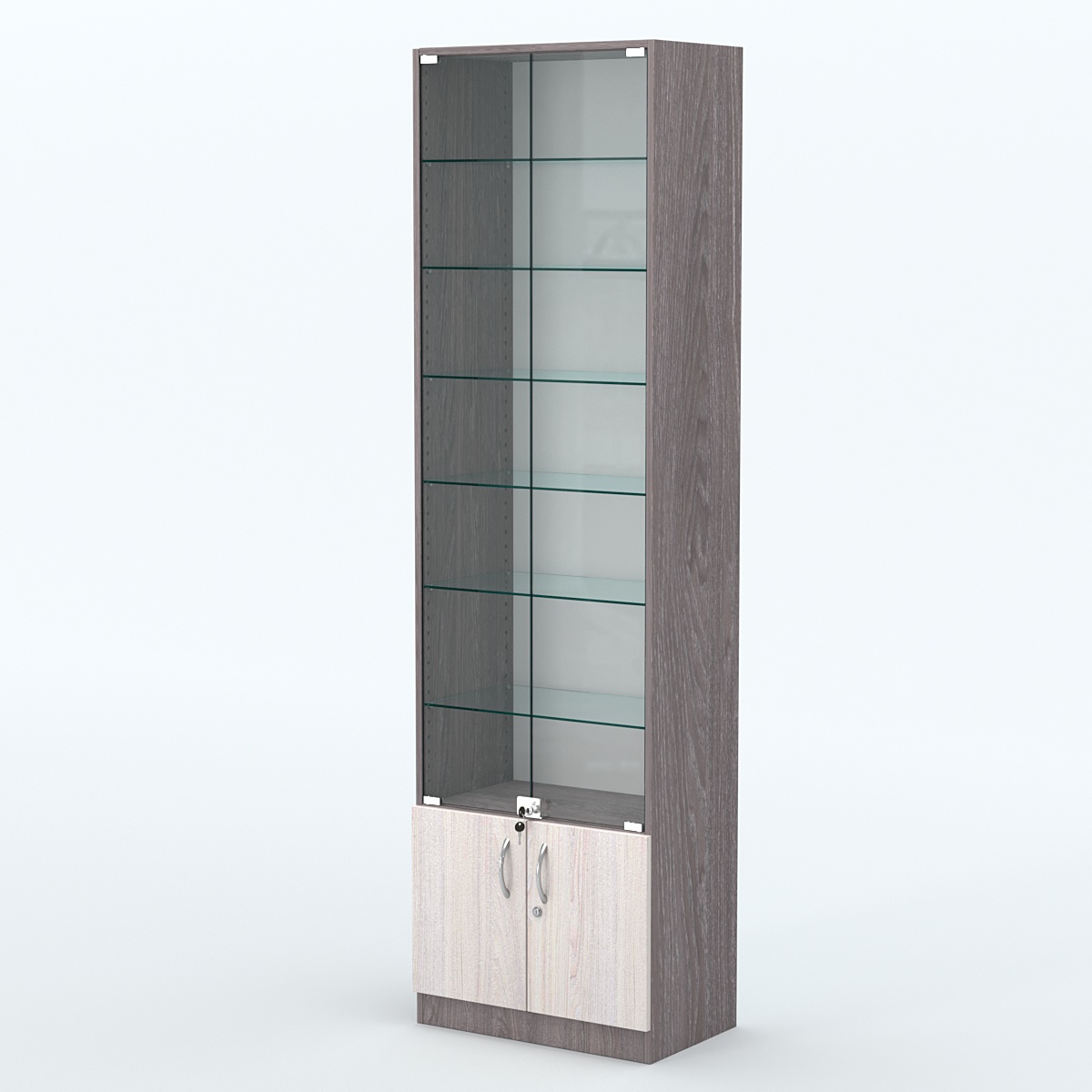 Торговая витрина с 6-ю стеклянными полками 350x600 мм серии NEXT-6 №6 (З/C - ДВП) Ясень Анкор темный + Ясень Анкор светлый