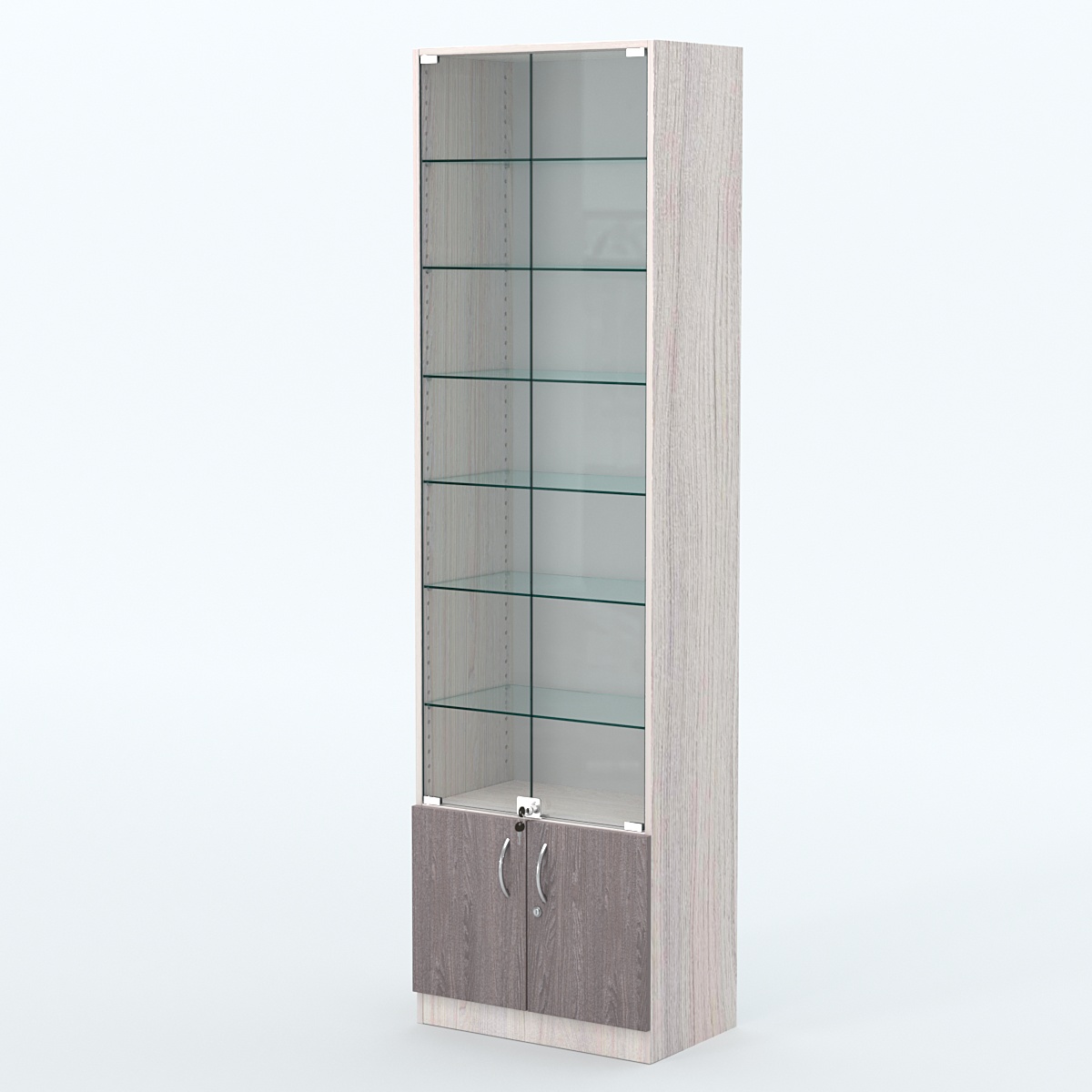 Торговая витрина с 6-ю стеклянными полками 350x600 мм серии NEXT-6 №6 (З/C - ДВП) Ясень Анкор светлый + Ясень Анкор темный