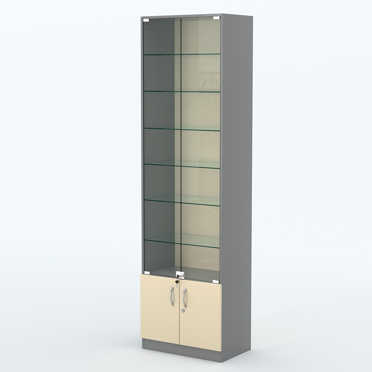 Торговая витрина с 6-ю стеклянными полками 350x600 мм серии NEXT-6 №6 (З/C - ДВП) Темно-серый + Крем Вайс