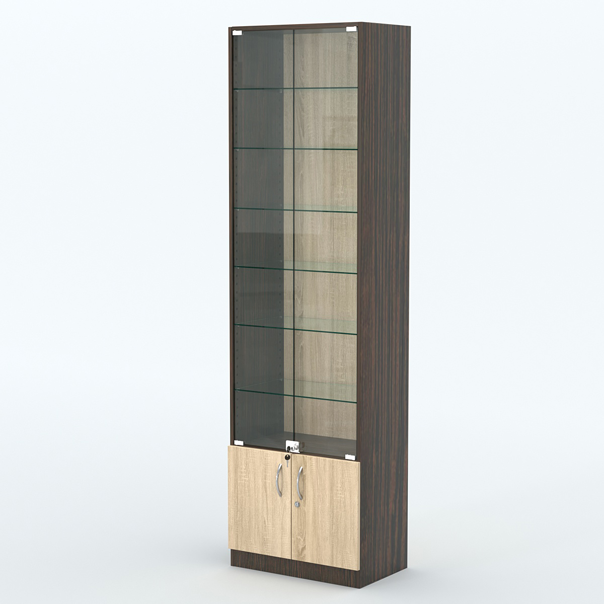 Торговая витрина с 6-ю стеклянными полками 350x600 мм серии NEXT-6 №6 (З/C - ДВП) Дуб Венге + Дуб Сонома
