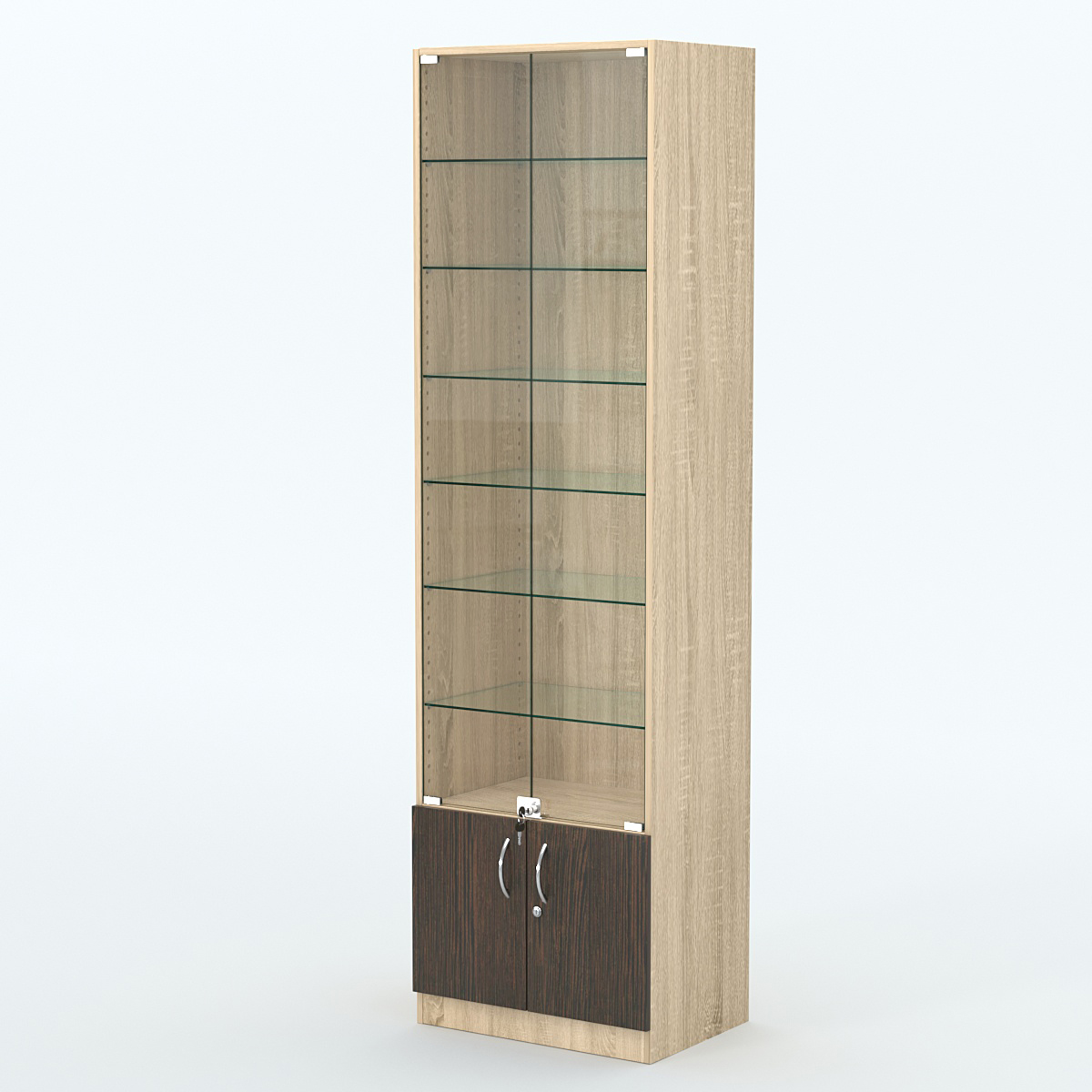 Торговая витрина с 6-ю стеклянными полками 400x600 мм серии NEXT-6 №7 (З/C - ДВП) Дуб Сонома + Дуб Венге