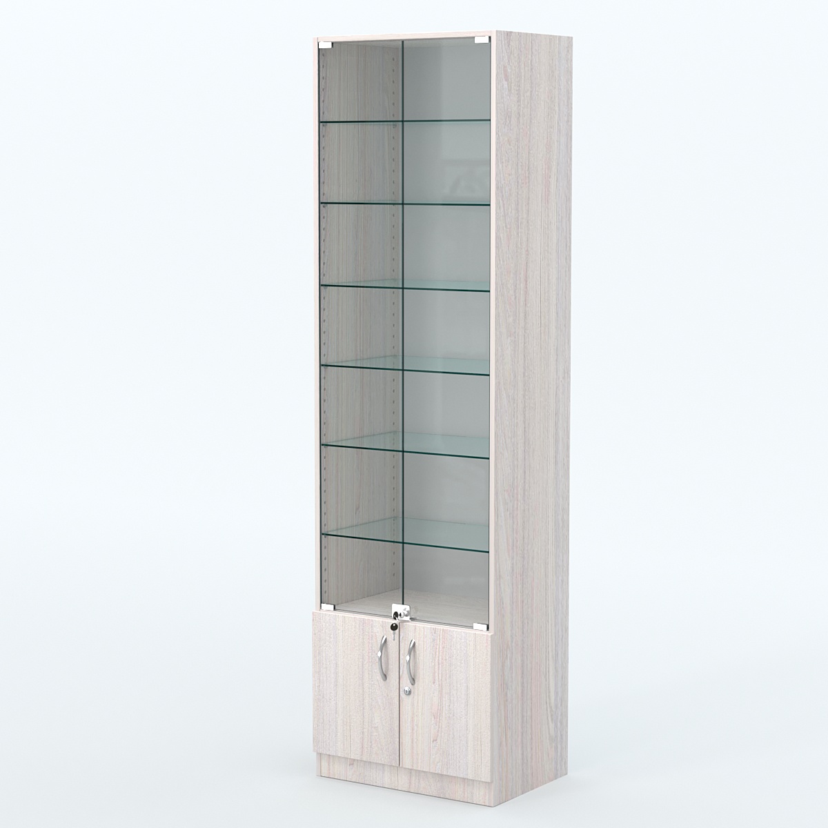 Торговая витрина с 6-ю стеклянными полками 400x600 мм серии NEXT-6 №7 (З/C - ДВП) Ясень Анкор светлый