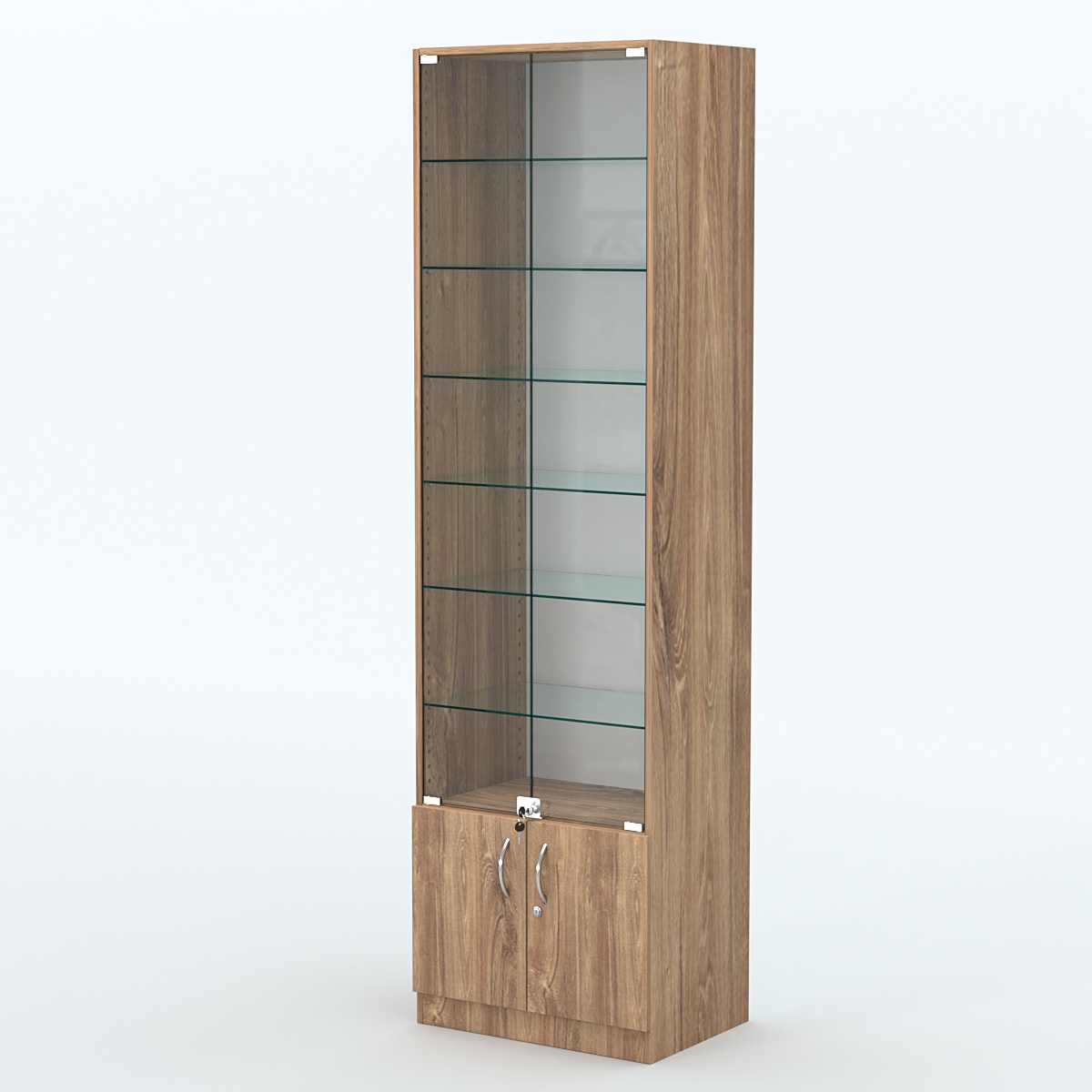 Торговая витрина с 6-ю стеклянными полками 400x600 мм серии NEXT-6 №7 (З/C - ДВП) Дуб Канзас коричневый