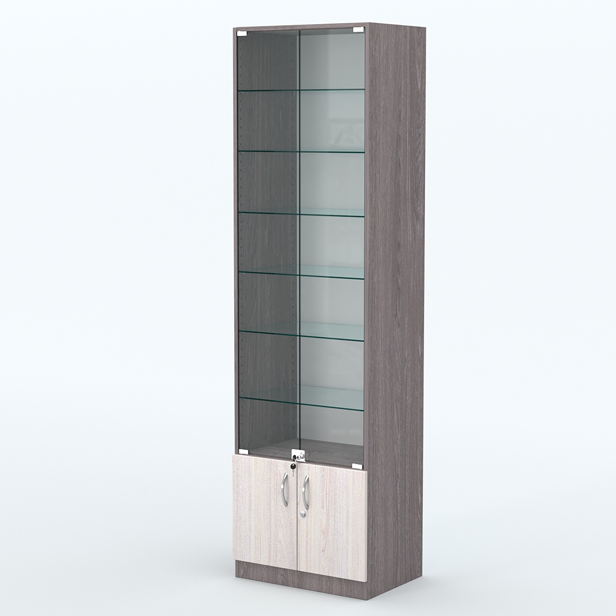 Торговая витрина с 6-ю стеклянными полками 400x600 мм серии NEXT-6 №7 (З/C - ДВП) Ясень Анкор темный + Ясень Анкор светлый