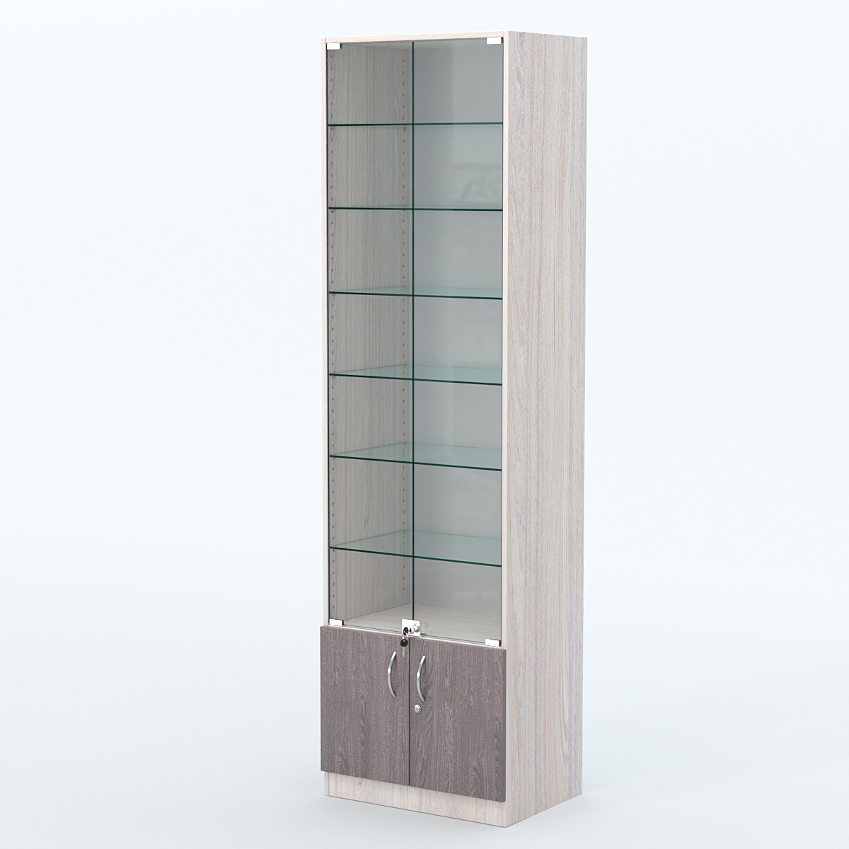 Торговая витрина с 6-ю стеклянными полками 400x600 мм серии NEXT-6 №7 (З/C - ДВП) Ясень Анкор светлый + Ясень Анкор темный