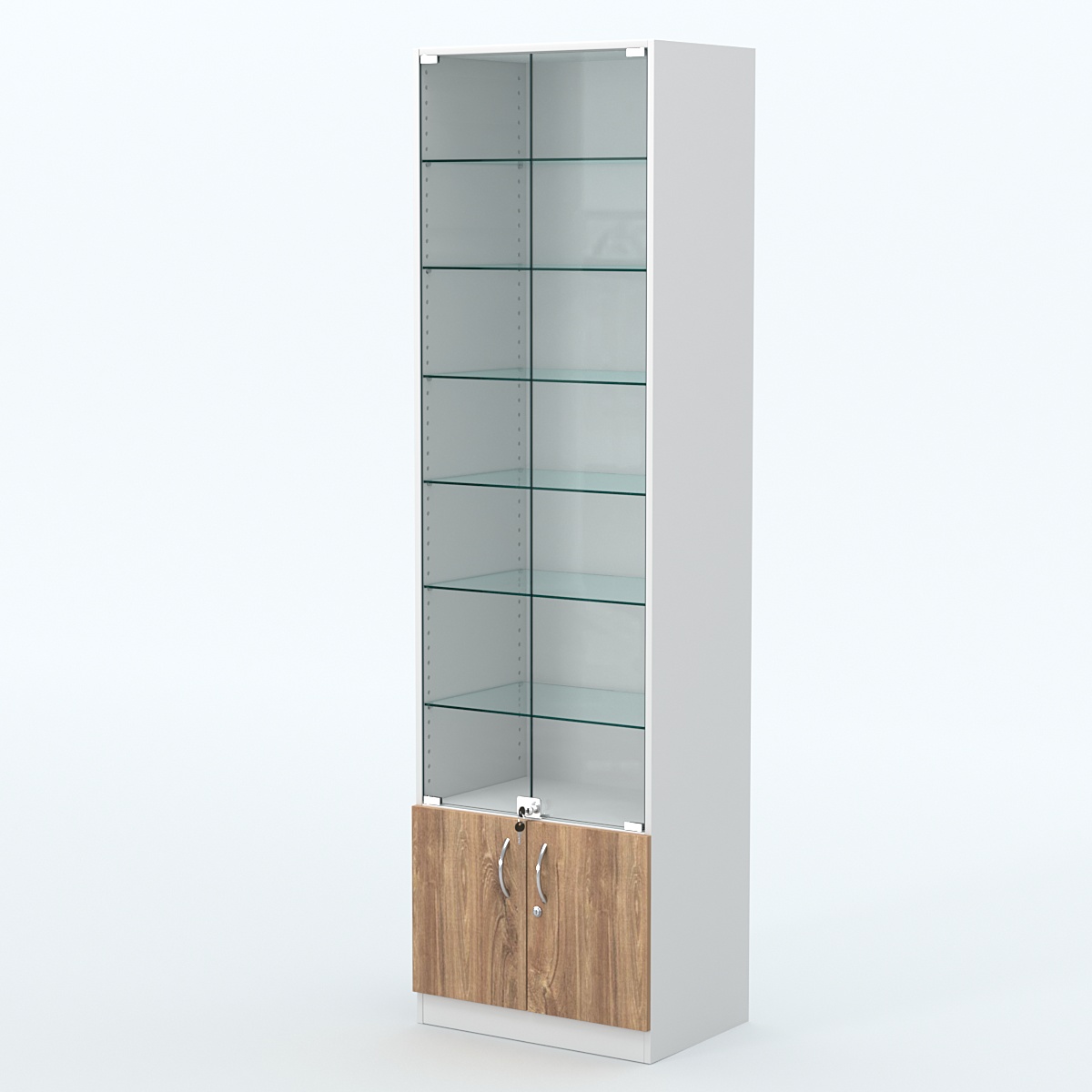 Торговая витрина с 6-ю стеклянными полками 400x600 мм серии NEXT-6 №7 (З/C - ДВП) Белый + Дуб канзас коричневый