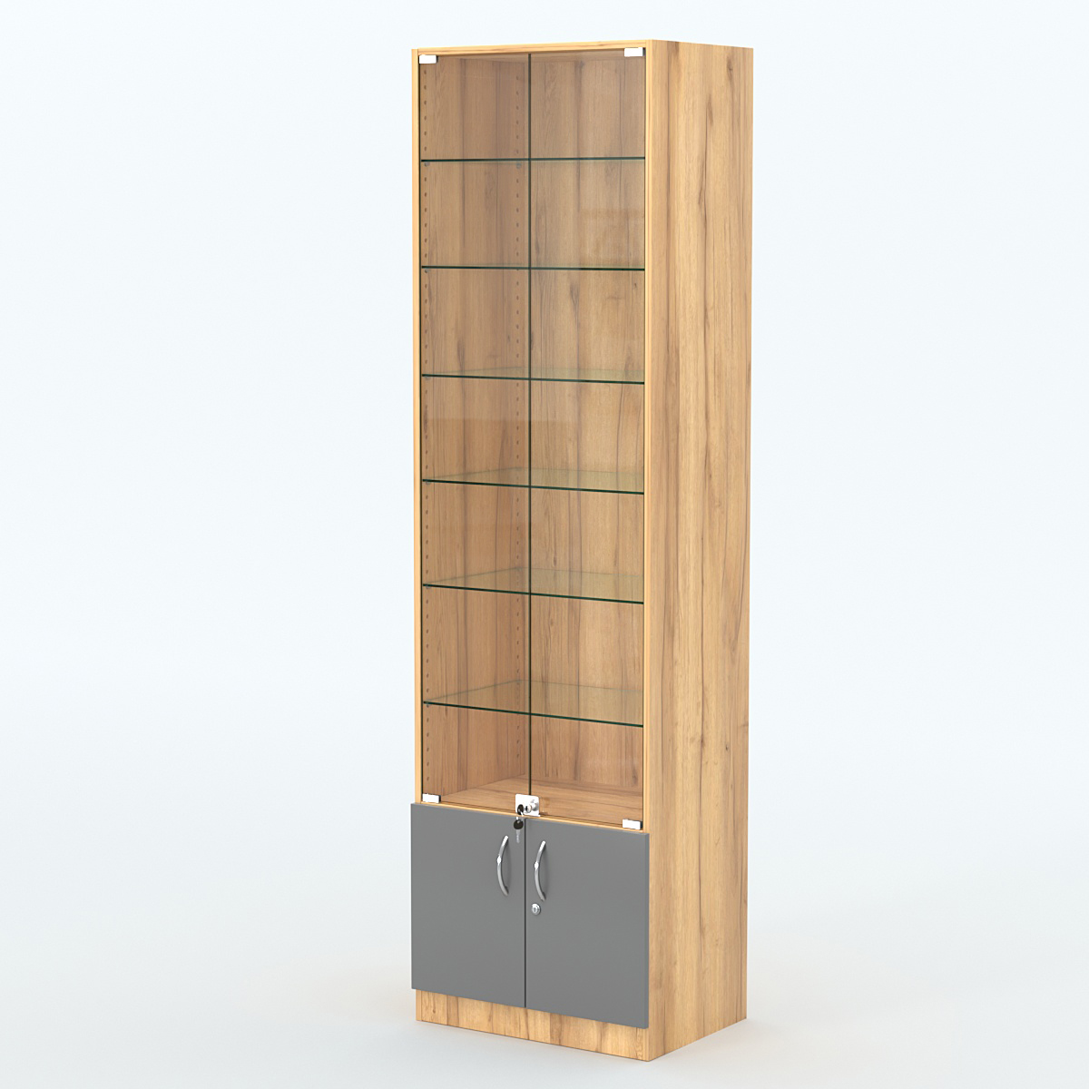 Торговая витрина с 6-ю стеклянными полками 400x600 мм серии NEXT-6 №7 (З/C - ДВП) Дуб Золотистый и Темно-Серый