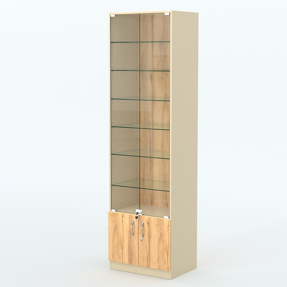 Торговая витрина с 6-ю стеклянными полками 400x600 мм серии NEXT-6 №7 (З/C - ДВП) Крем Вайс и Дуб Золотистый