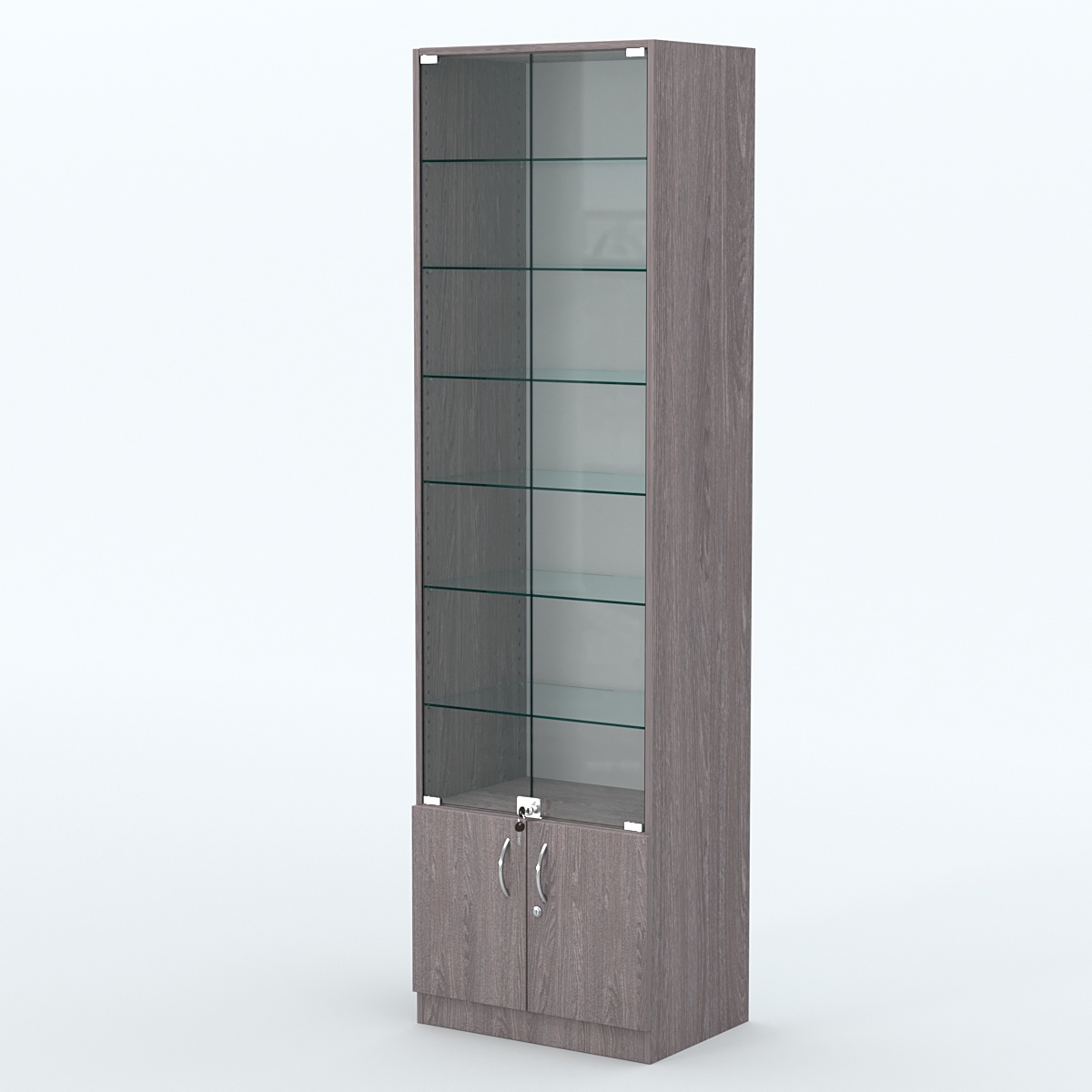 Торговая витрина с 6-ю стеклянными полками 400x600 мм серии NEXT-6 №7 (З/C - ДВП) Ясень Анкор темный