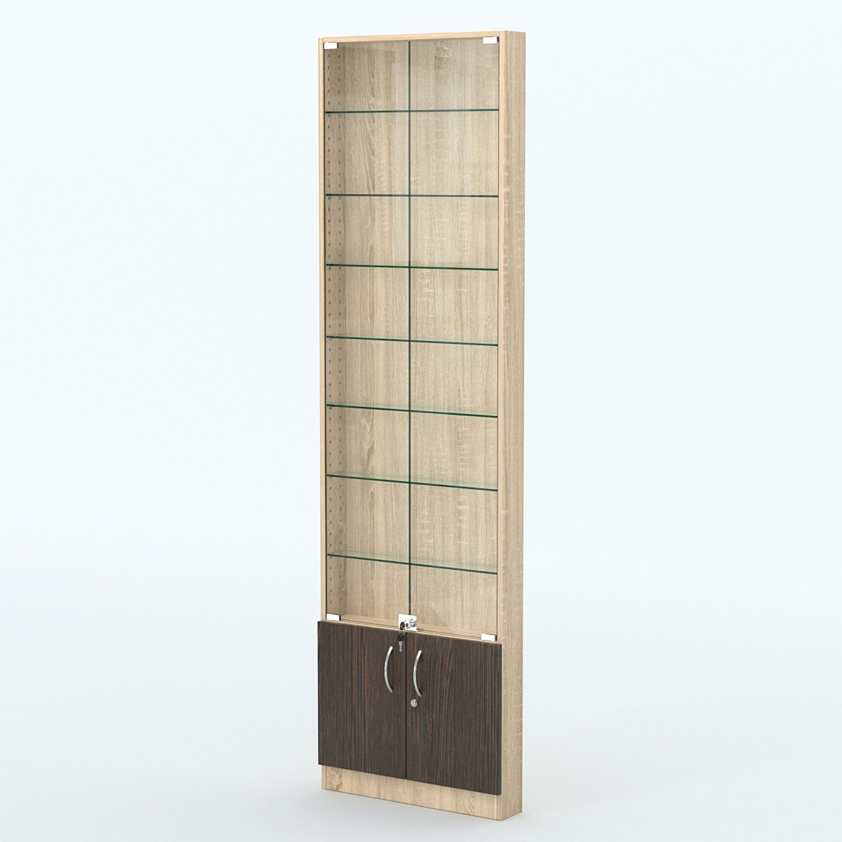 Торговая витрина с 7-ю стеклянными полками 100x600 мм серии NEXT-7 №1 (З/C - ДВП) Дуб Сонома + Дуб Венге