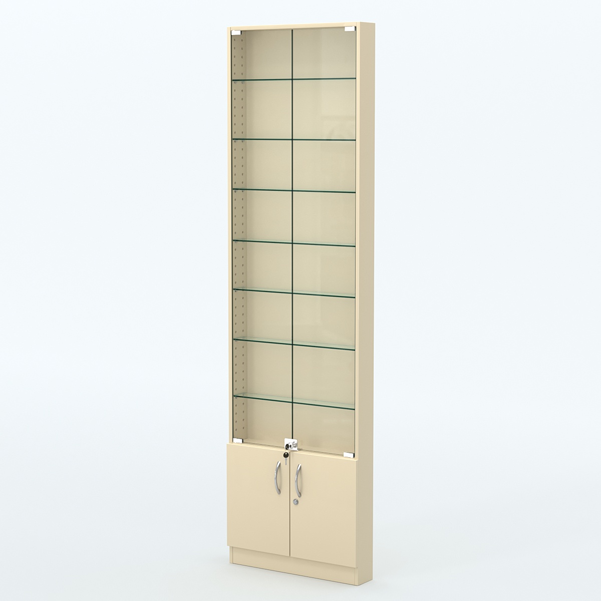 Торговая витрина с 7-ю стеклянными полками 100x600 мм серии NEXT-7 №1 (З/C - ДВП) Крем Вайс