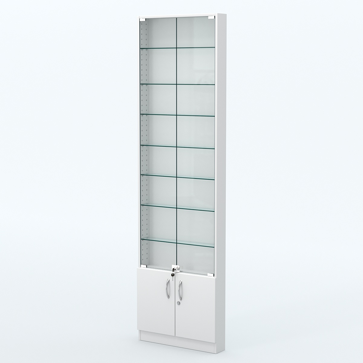 Торговая витрина с 7-ю стеклянными полками 100x600 мм серии NEXT-7 №1 (З/C - ДВП) Белый