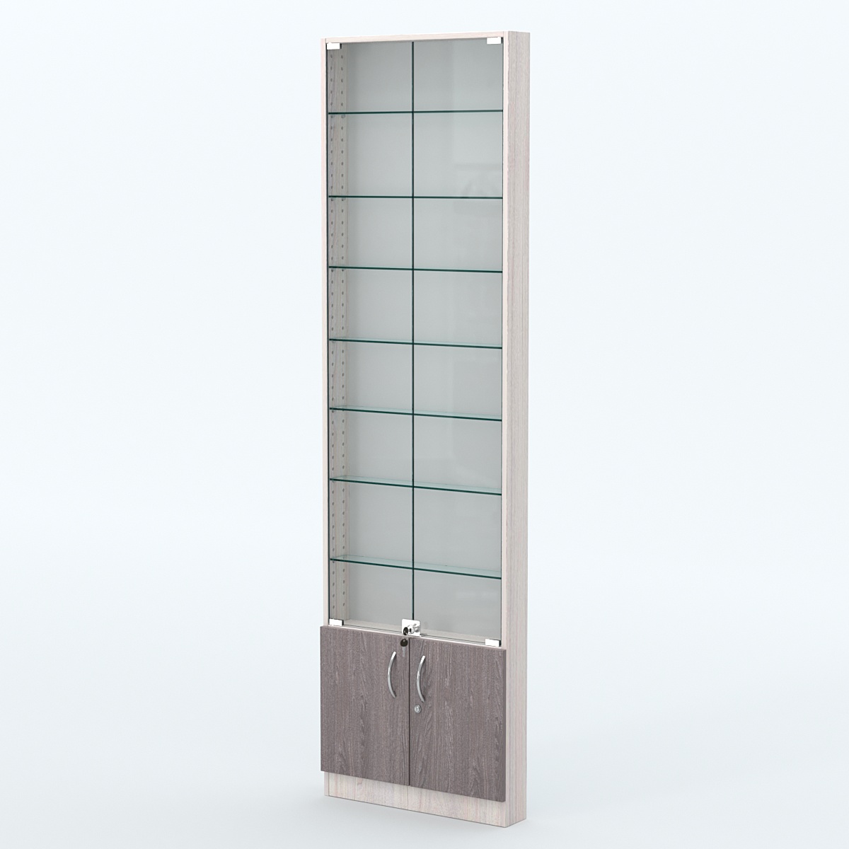 Торговая витрина с 7-ю стеклянными полками 100x600 мм серии NEXT-7 №1 (З/C - ДВП) Ясень Анкор светлый + Ясень Анкор темный