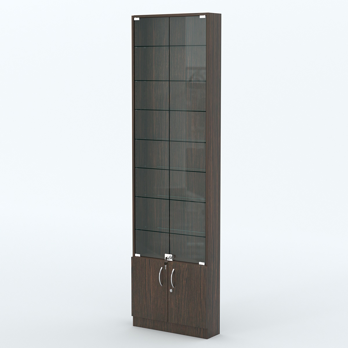 Торговая витрина с 7-ю стеклянными полками 150x600 мм серии NEXT-7 №2 (З/C - ДВП) Дуб Венге