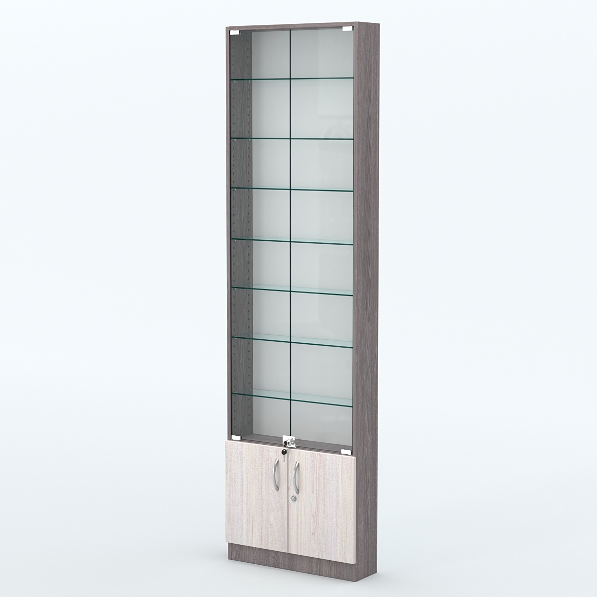 Торговая витрина с 7-ю стеклянными полками 150x600 мм серии NEXT-7 №2 (З/C - ДВП) Ясень Анкор темный + Ясень Анкор светлый