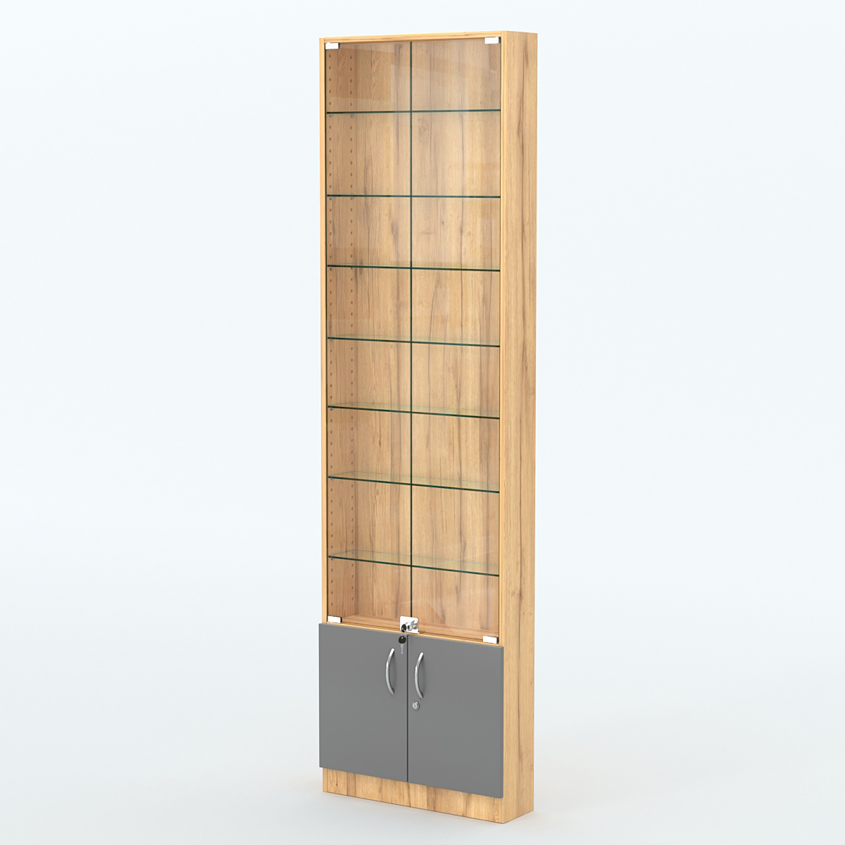 Торговая витрина с 7-ю стеклянными полками 150x600 мм серии NEXT-7 №2 (З/C - ДВП) Дуб Золотистый и Темно-Серый