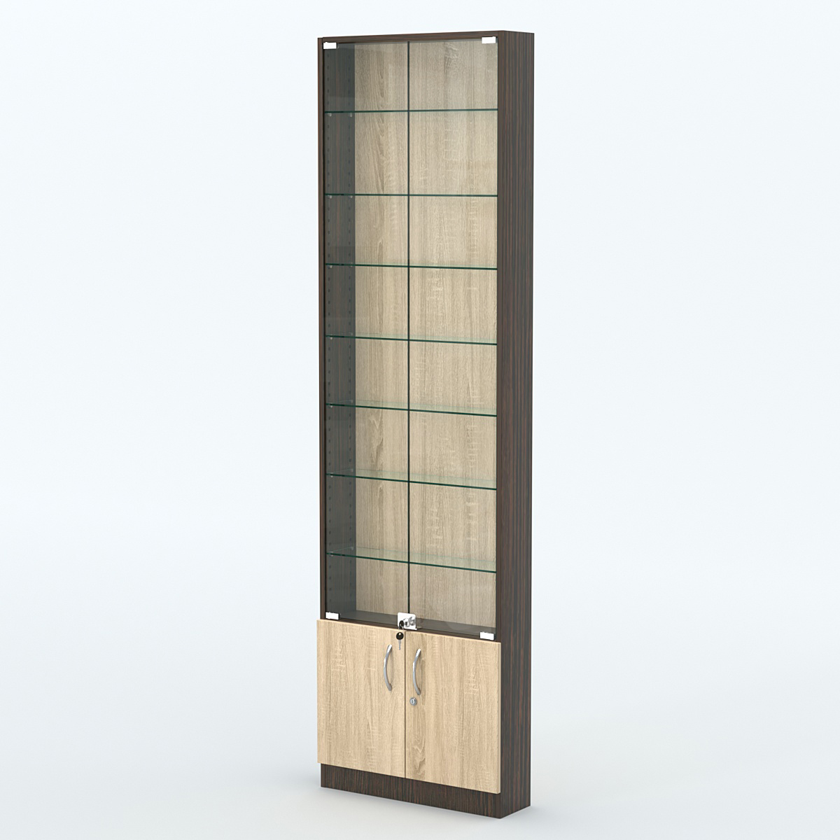 Торговая витрина с 7-ю стеклянными полками 150x600 мм серии NEXT-7 №2 (З/C - ДВП) Дуб Венге + Дуб Сонома