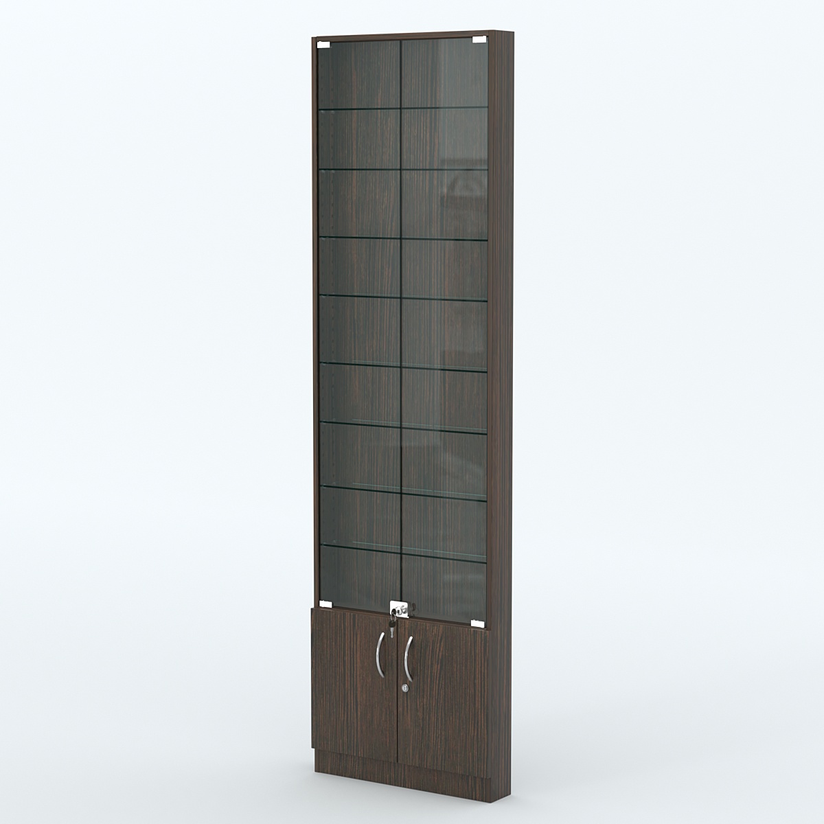 Торговая витрина с 8-ю стеклянными полками 100x600 мм серии NEXT-8 №1 (З/C - ДВП) Дуб Венге