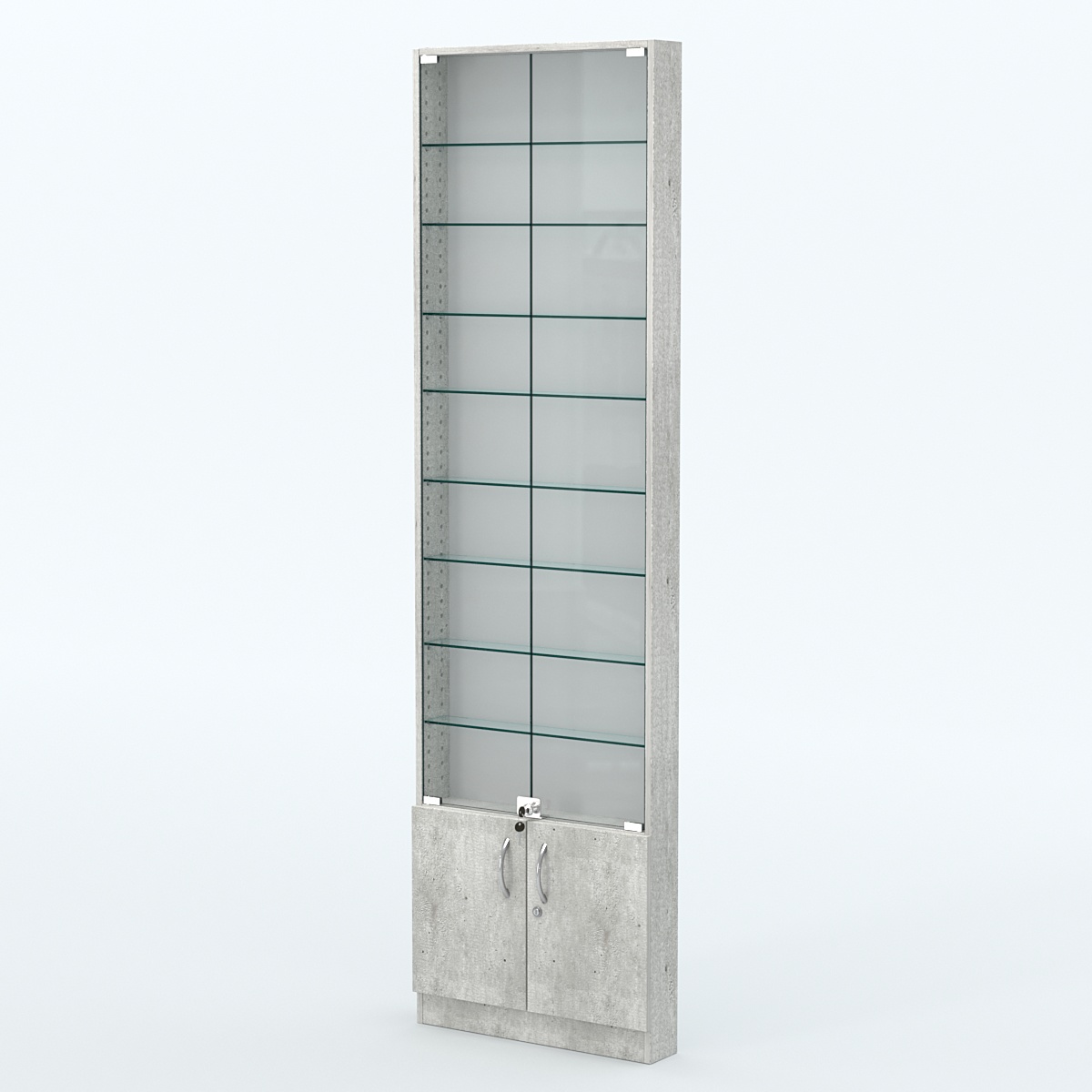 Торговая витрина с 8-ю стеклянными полками 100x600 мм серии NEXT-8 №1 (З/C - ДВП) Метрополитан Грей