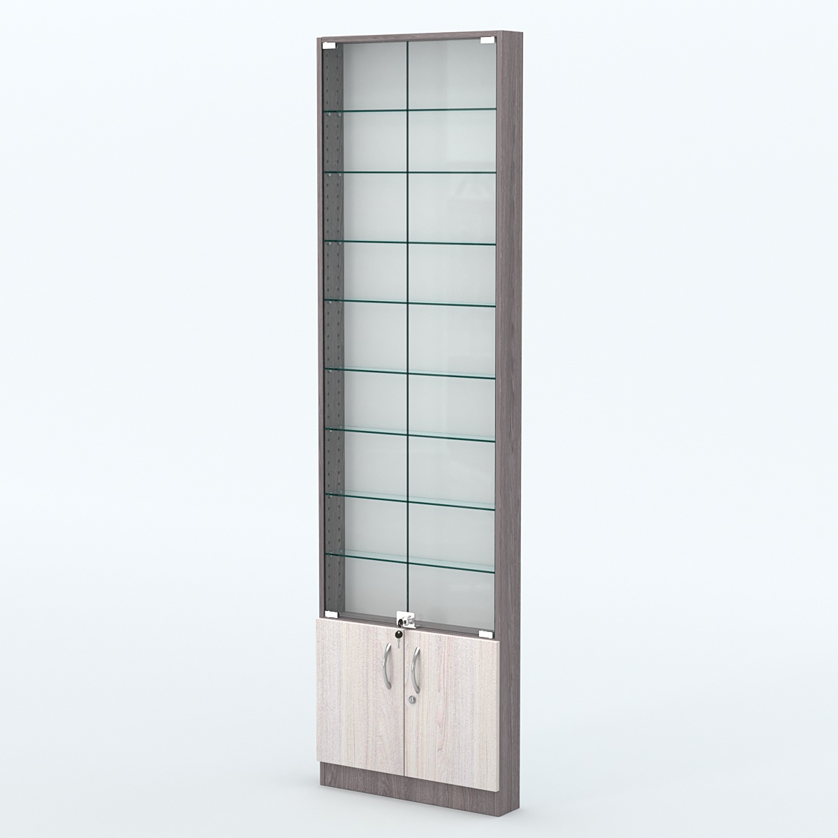 Торговая витрина с 8-ю стеклянными полками 100x600 мм серии NEXT-8 №1 (З/C - ДВП) Ясень Анкор темный + Ясень Анкор светлый