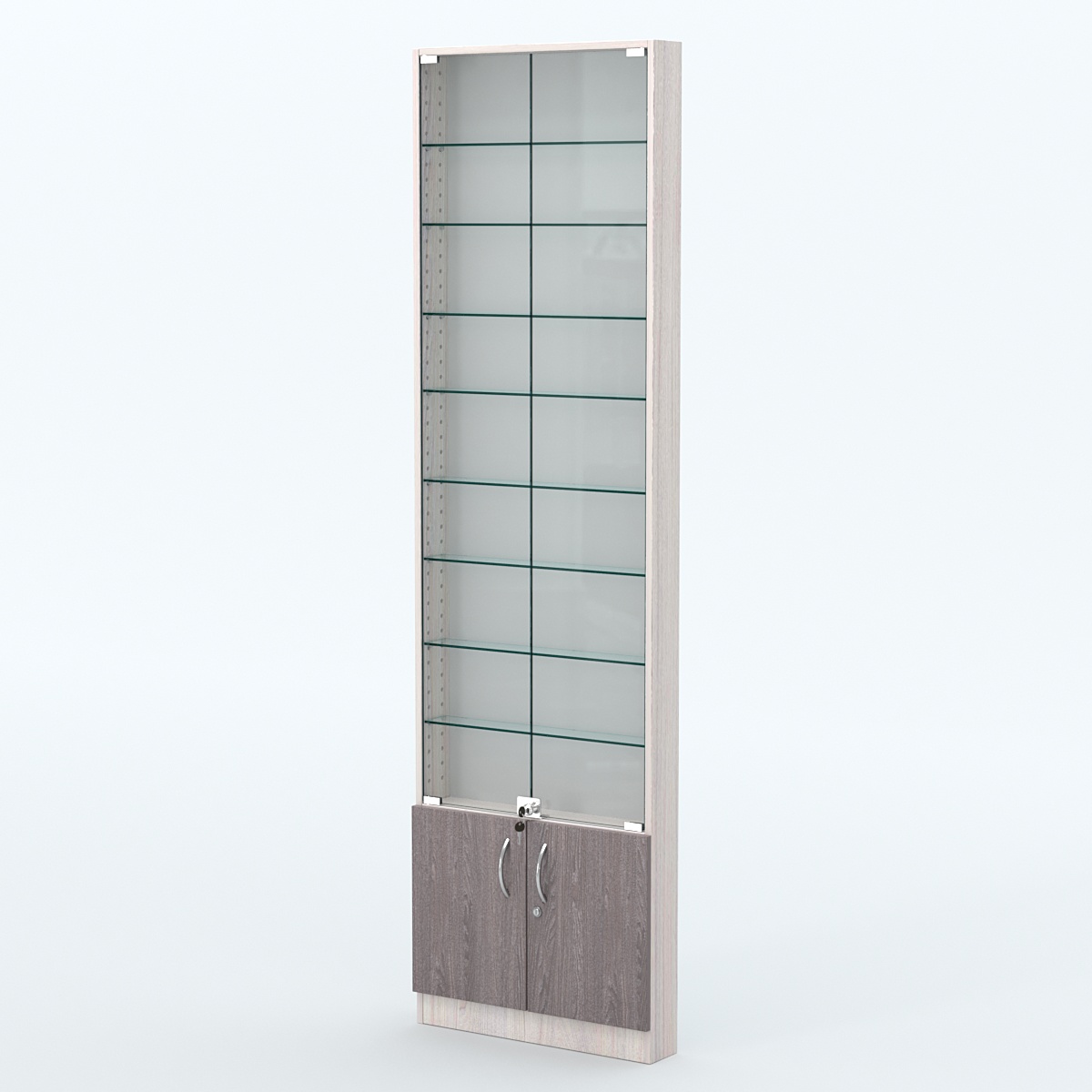 Торговая витрина с 8-ю стеклянными полками 100x600 мм серии NEXT-8 №1 (З/C - ДВП) Ясень Анкор светлый + Ясень Анкор темный
