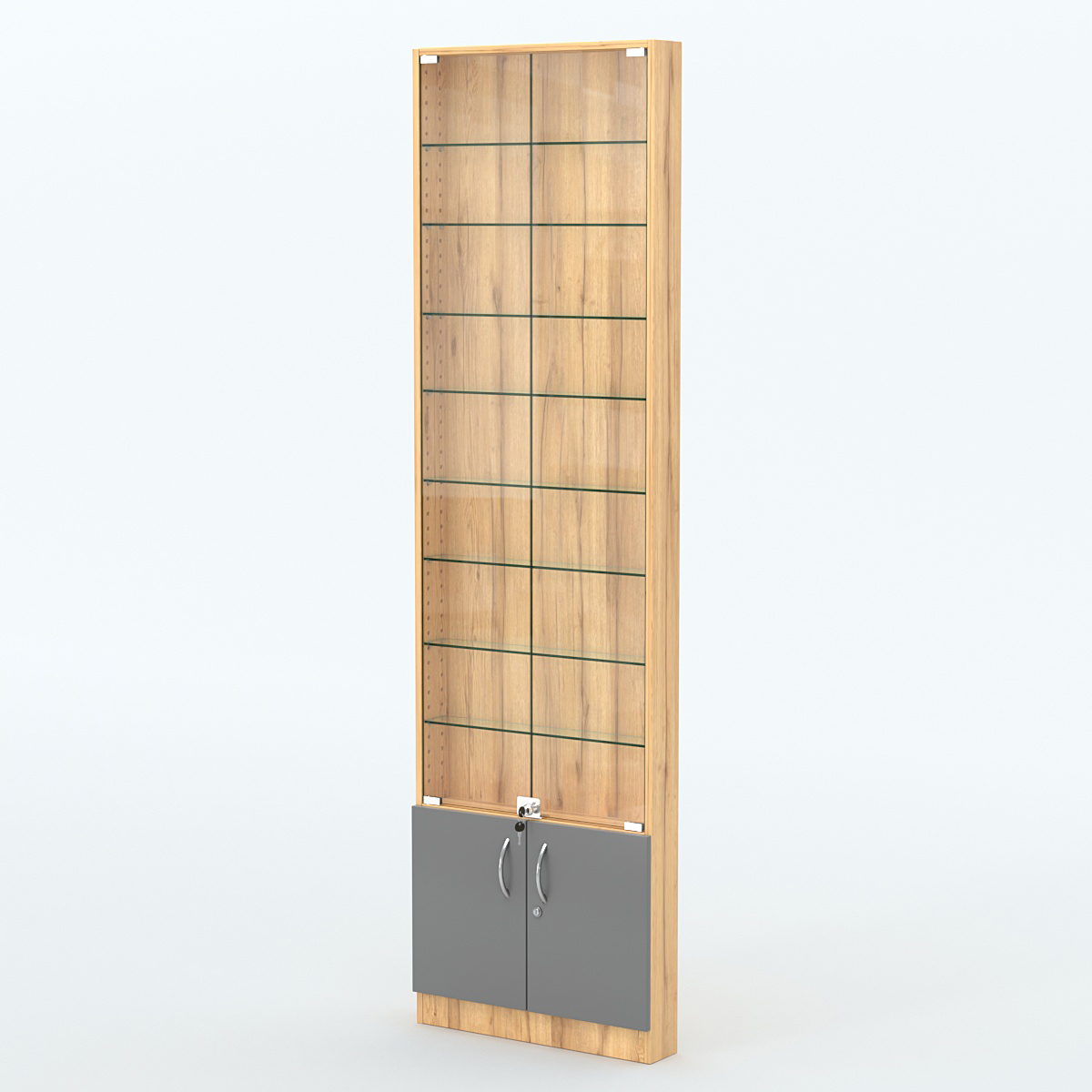 Торговая витрина с 8-ю стеклянными полками 100x600 мм серии NEXT-8 №1 (З/C - ДВП) Дуб Золотистый и Темно-Серый