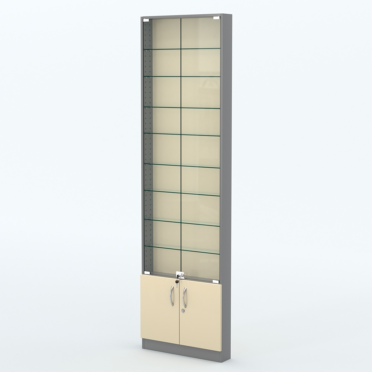 Торговая витрина с 8-ю стеклянными полками 100x600 мм серии NEXT-8 №1 (З/C - ДВП) Темно-серый + Крем Вайс