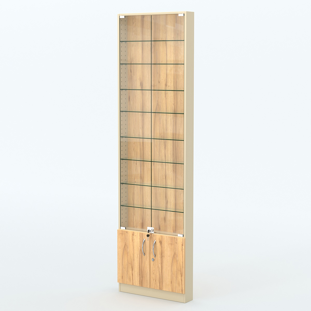 Торговая витрина с 8-ю стеклянными полками 100x600 мм серии NEXT-8 №1 (З/C - ДВП) Крем Вайс и Дуб Золотистый