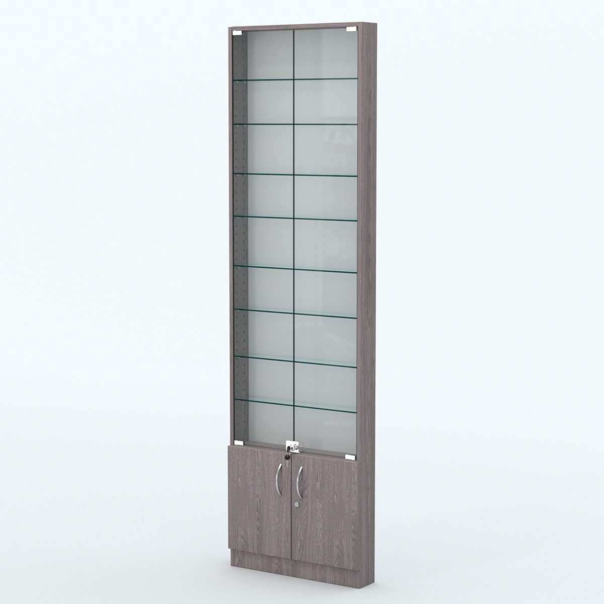 Торговая витрина с 8-ю стеклянными полками 100x600 мм серии NEXT-8 №1 (З/C - ДВП) Ясень Анкор темный