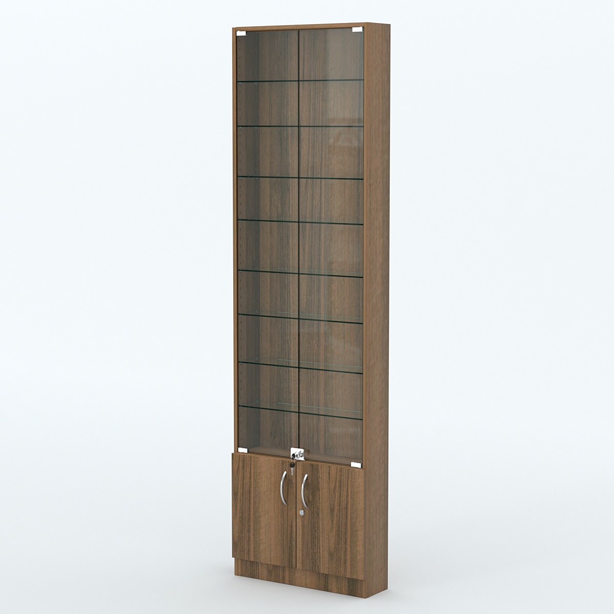 Торговая витрина с 8-ю стеклянными полками 150x600 мм серии NEXT-8 №2 (З/C - ДВП) Орех