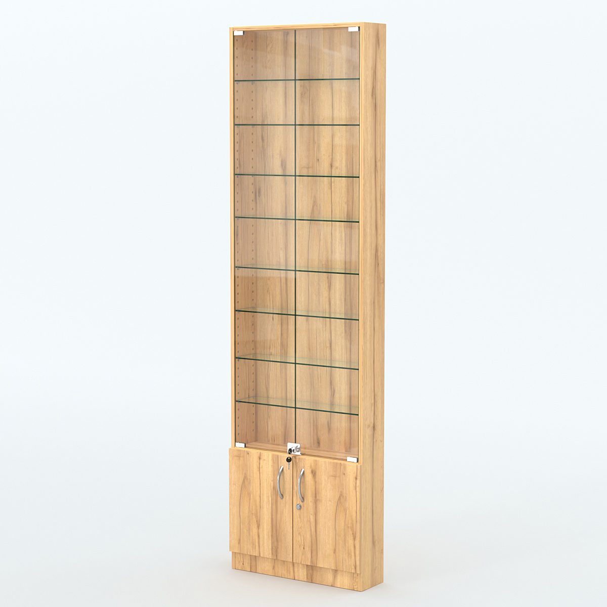 Торговая витрина с 8-ю стеклянными полками 150x600 мм серии NEXT-8 №2 (З/C - ДВП) Дуб Золотистый