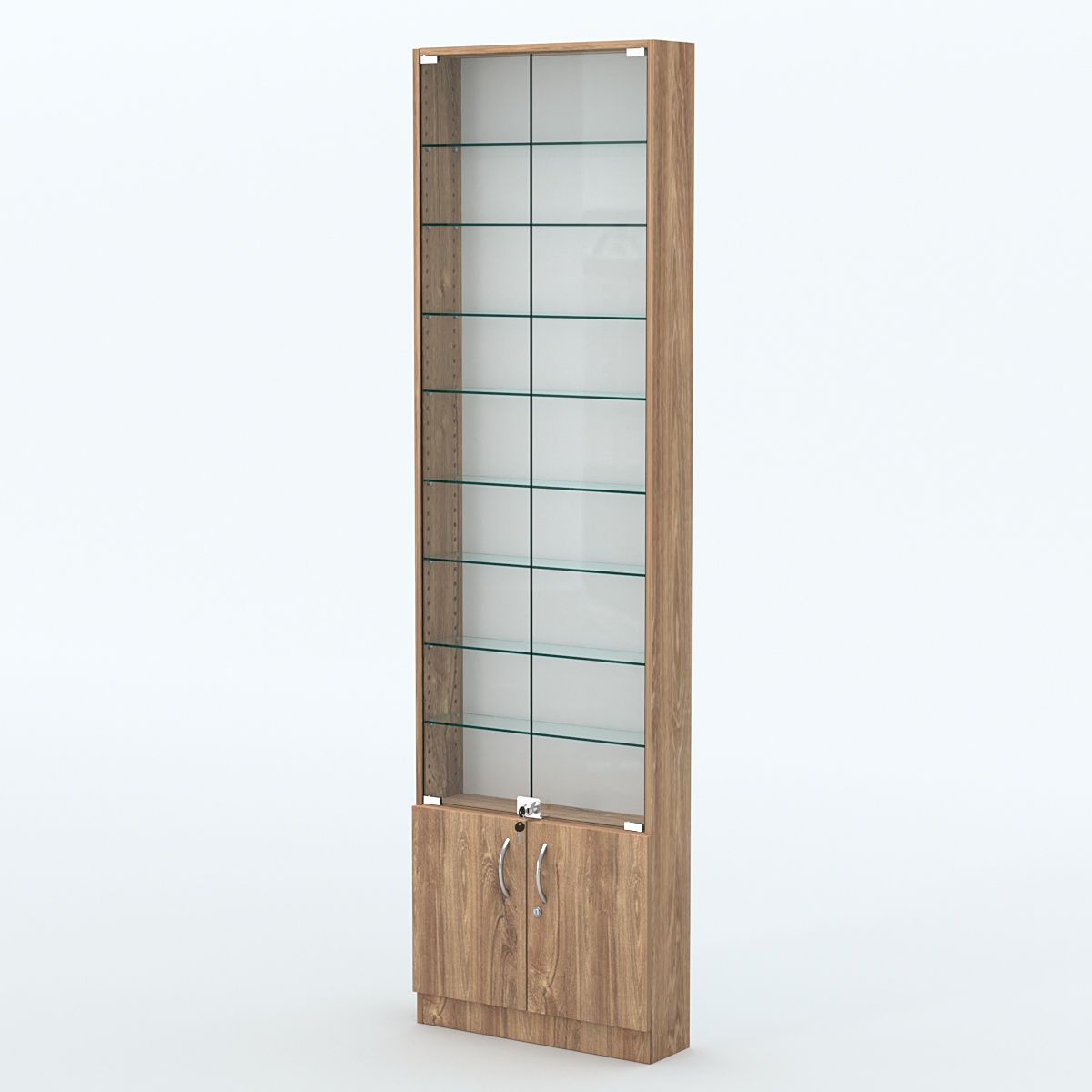 Торговая витрина с 8-ю стеклянными полками 150x600 мм серии NEXT-8 №2 (З/C - ДВП) Дуб Канзас коричневый