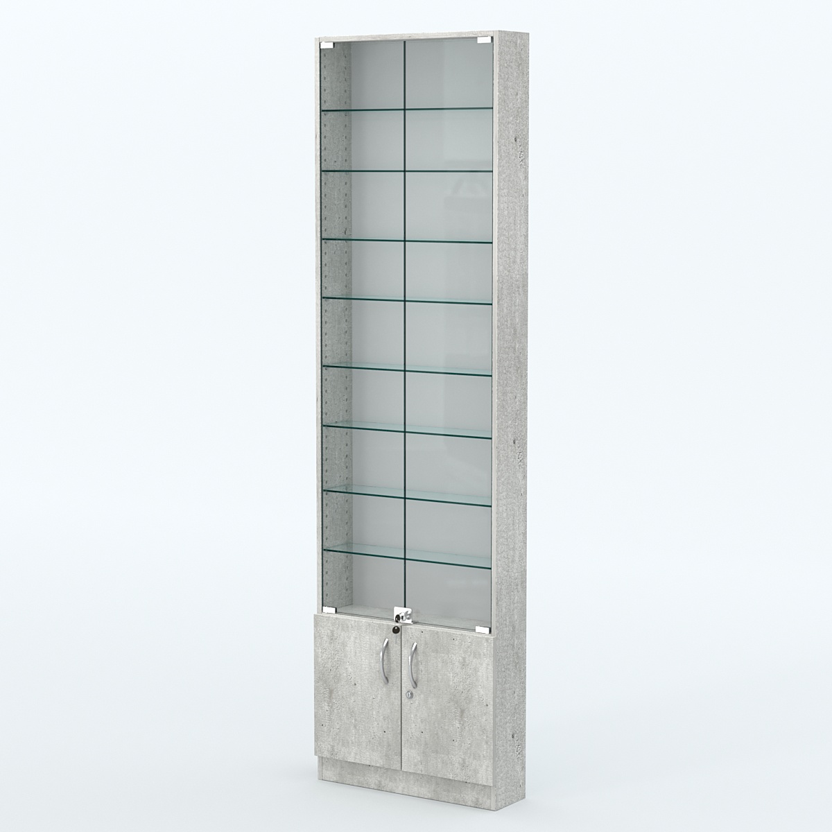 Торговая витрина с 8-ю стеклянными полками 150x600 мм серии NEXT-8 №2 (З/C - ДВП) Метрополитан Грей