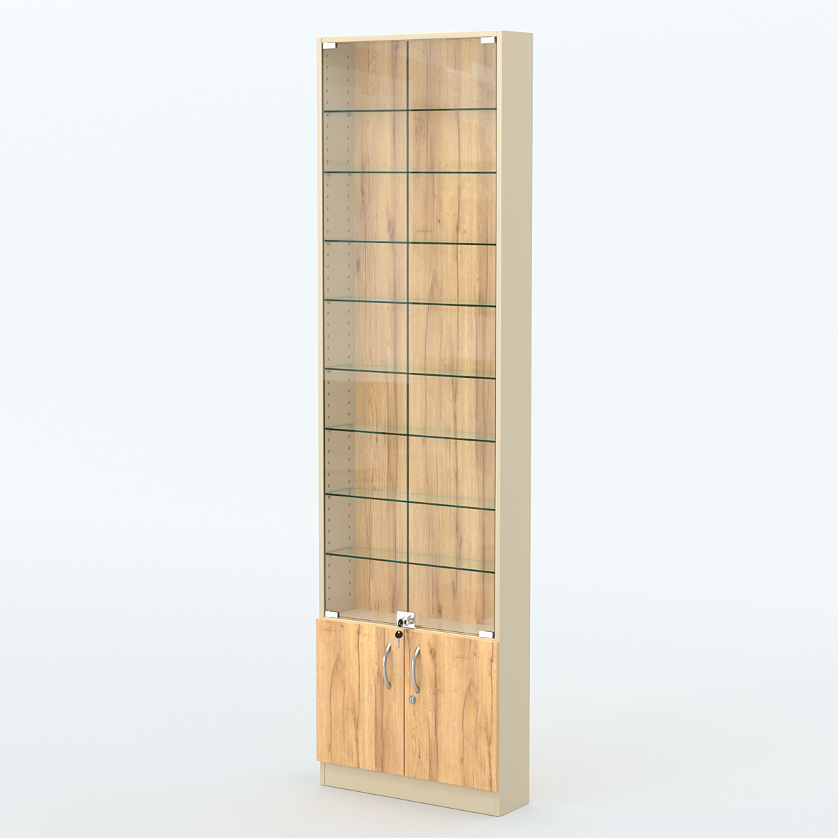 Торговая витрина с 8-ю стеклянными полками 150x600 мм серии NEXT-8 №2 (З/C - ДВП) Крем Вайс и Дуб Золотистый