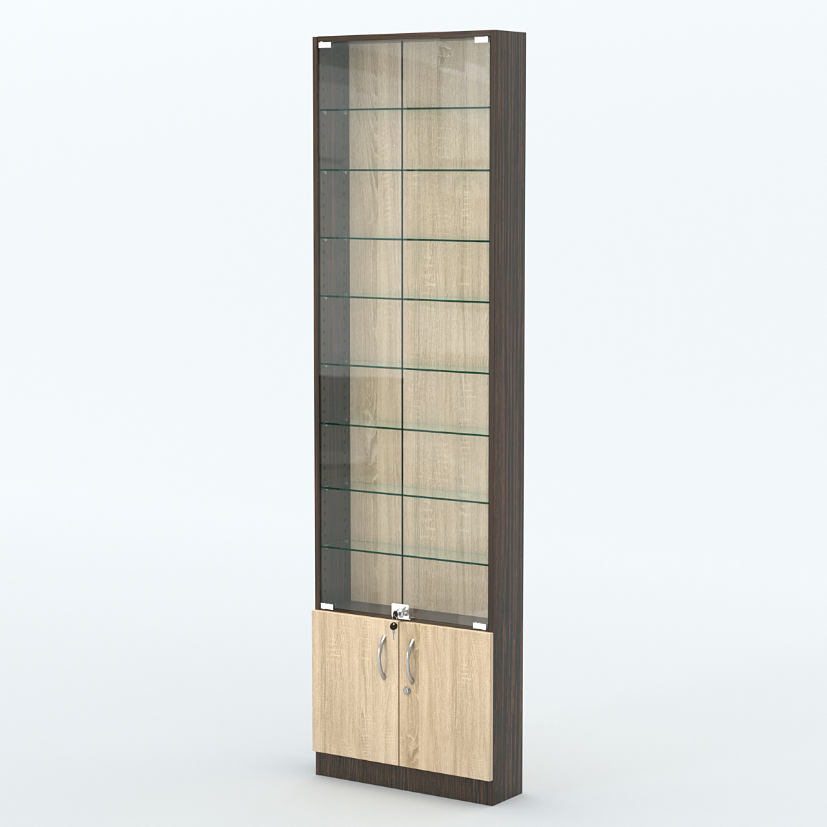 Торговая витрина с 8-ю стеклянными полками 150x600 мм серии NEXT-8 №2 (З/C - ДВП) Дуб Венге + Дуб Сонома