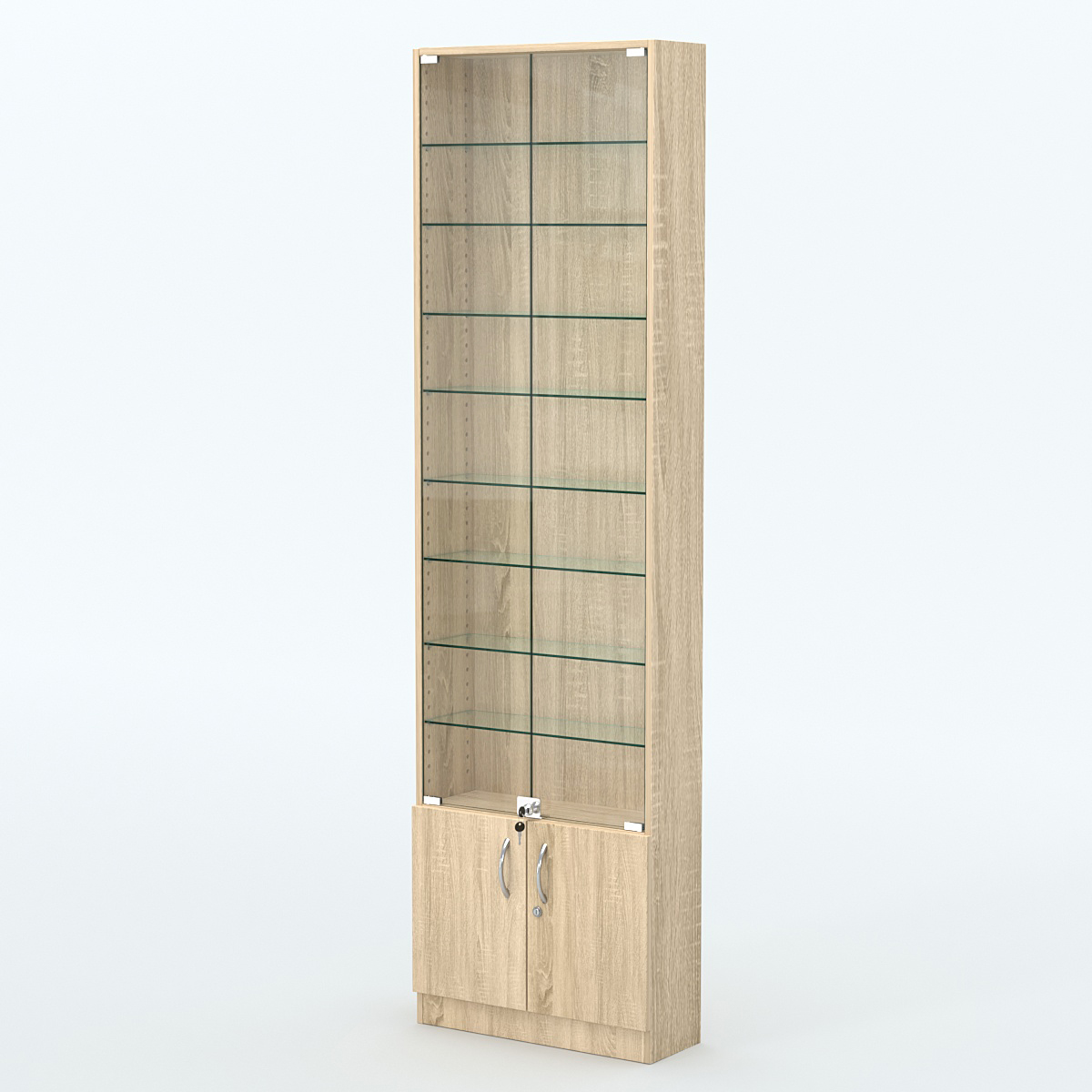 Торговая витрина с 8-ю стеклянными полками 200x600 мм серии NEXT-8 №3 (З/C - ДВП) Дуб сонома