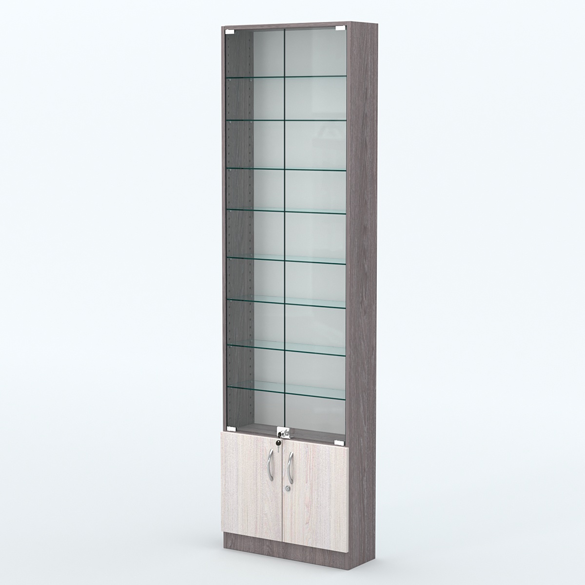 Торговая витрина с 8-ю стеклянными полками 200x600 мм серии NEXT-8 №3 (З/C - ДВП) Ясень Анкор темный + Ясень Анкор светлый