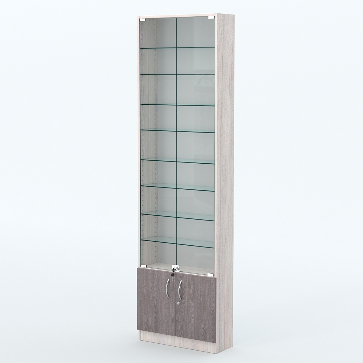 Торговая витрина с 8-ю стеклянными полками 200x600 мм серии NEXT-8 №3 (З/C - ДВП) Ясень Анкор светлый + Ясень Анкор темный