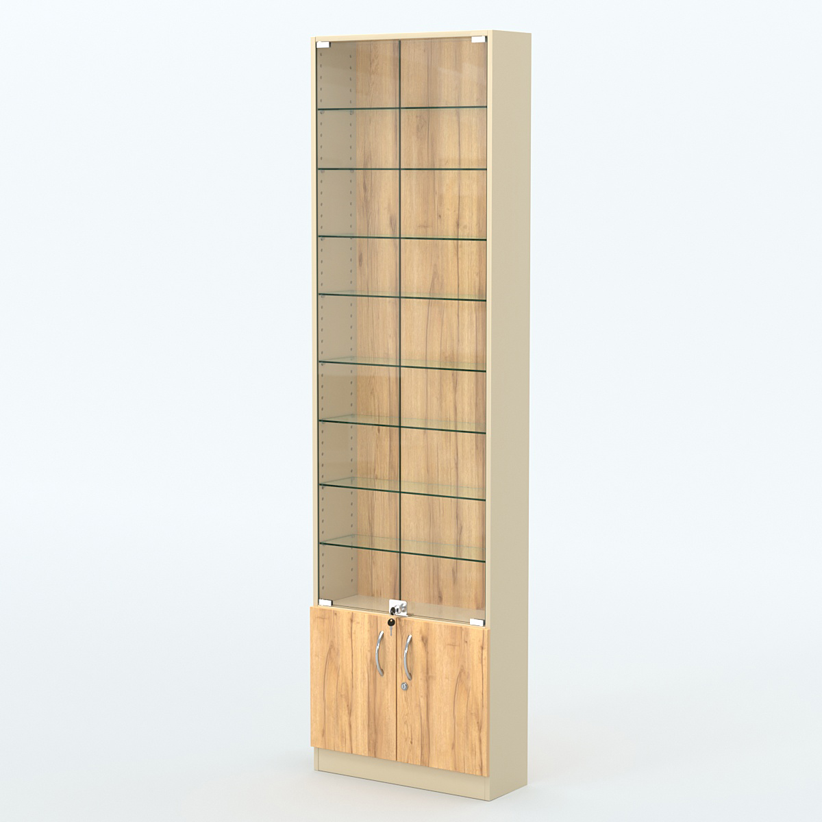 Торговая витрина с 8-ю стеклянными полками 200x600 мм серии NEXT-8 №3 (З/C - ДВП) Крем Вайс и Дуб Золотистый