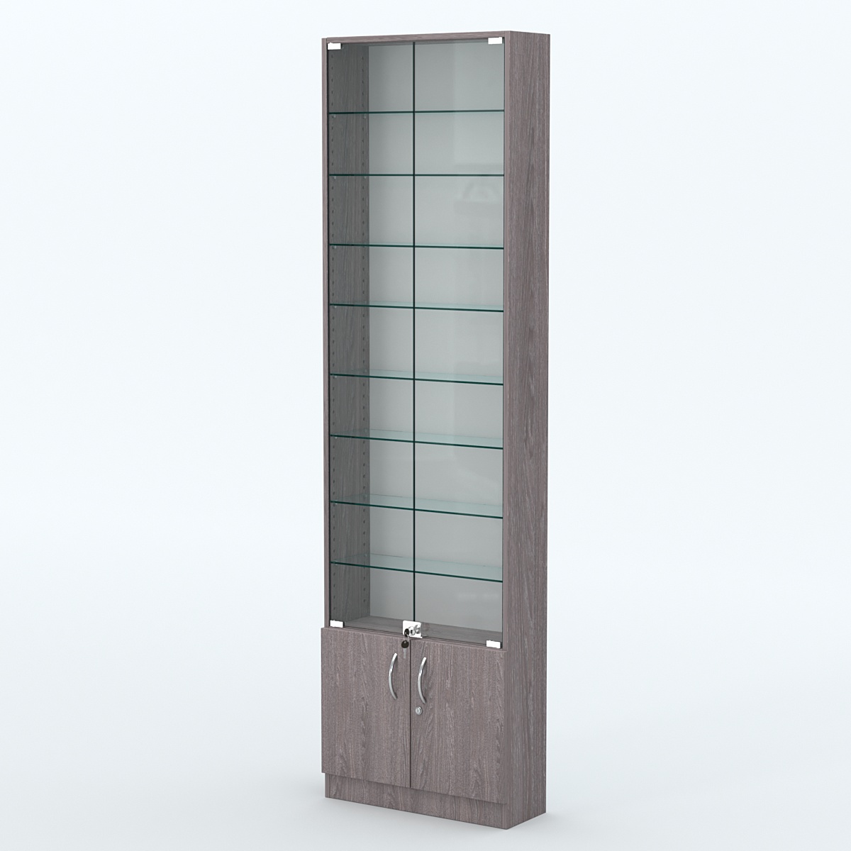 Торговая витрина с 8-ю стеклянными полками 200x600 мм серии NEXT-8 №3 (З/C - ДВП) Ясень Анкор темный