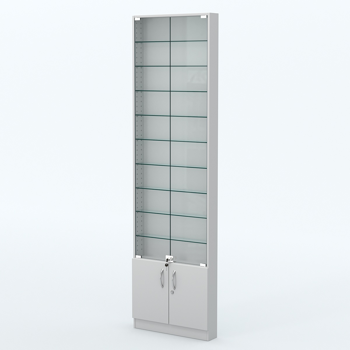 Торговая витрина с 9-ю стеклянными полками 100x600 мм серии NEXT-9 №1 (З/C - ДВП) Серый