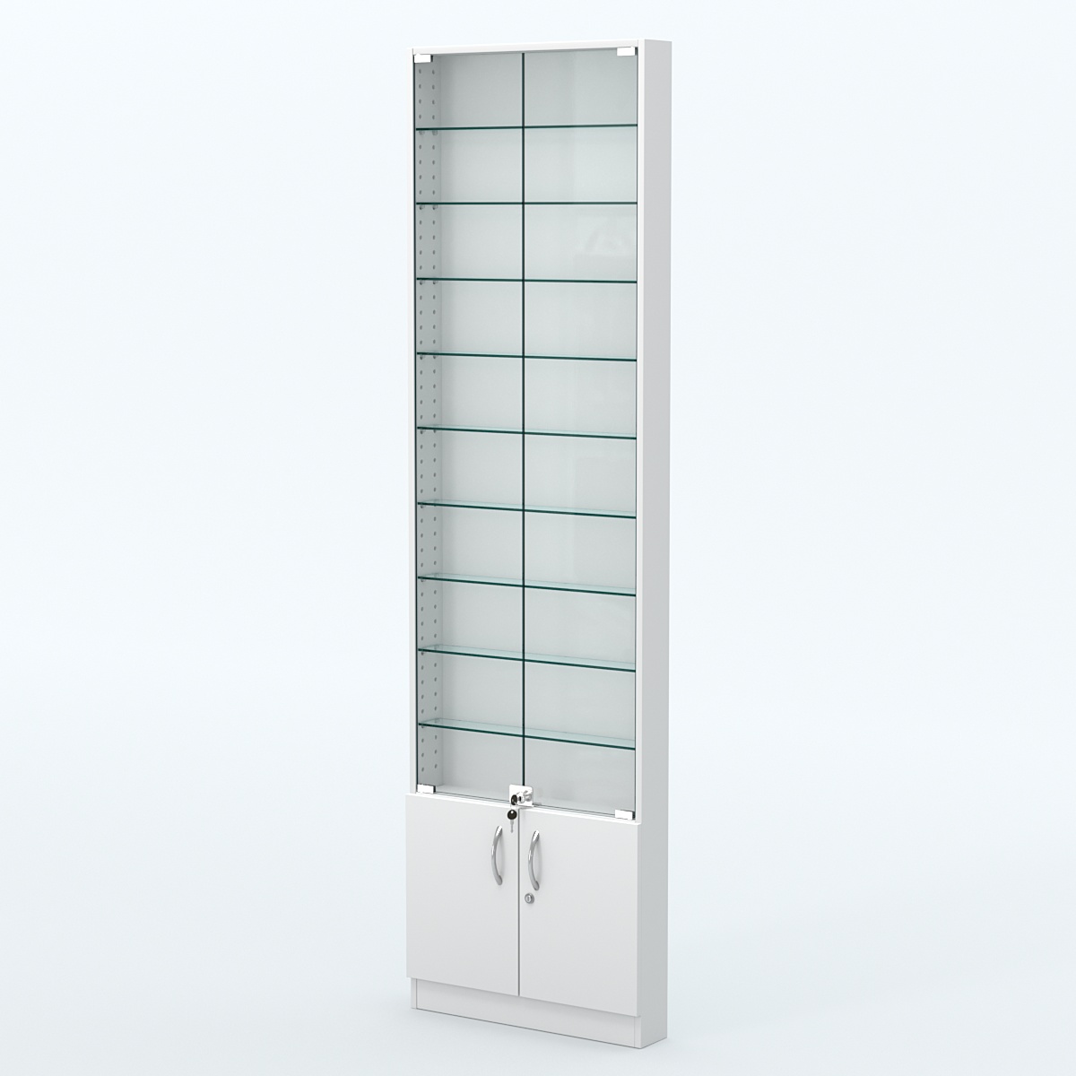 Торговая витрина с 9-ю стеклянными полками 100x600 мм серии NEXT-9 №1 (З/C - ДВП) Белый