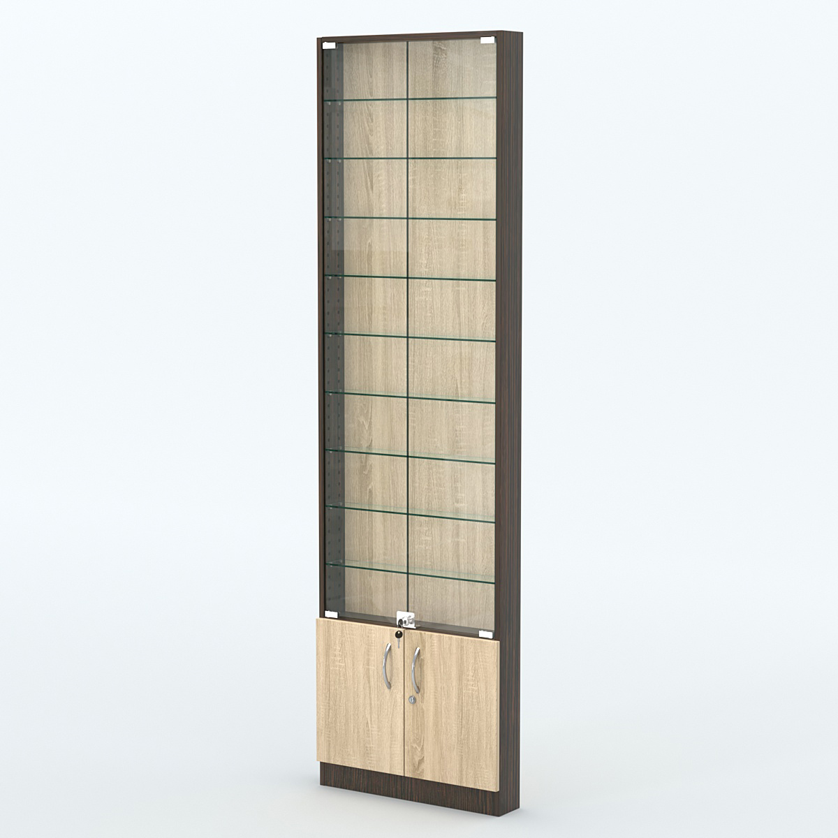 Торговая витрина с 9-ю стеклянными полками 100x600 мм серии NEXT-9 №1 (З/C - ДВП) Дуб Венге + Дуб Сонома