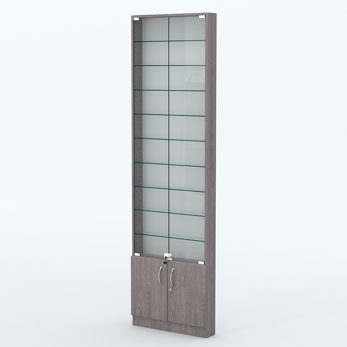 Торговая витрина с 9-ю стеклянными полками 100x600 мм серии NEXT-9 №1 (З/C - ДВП) Ясень Анкор темный