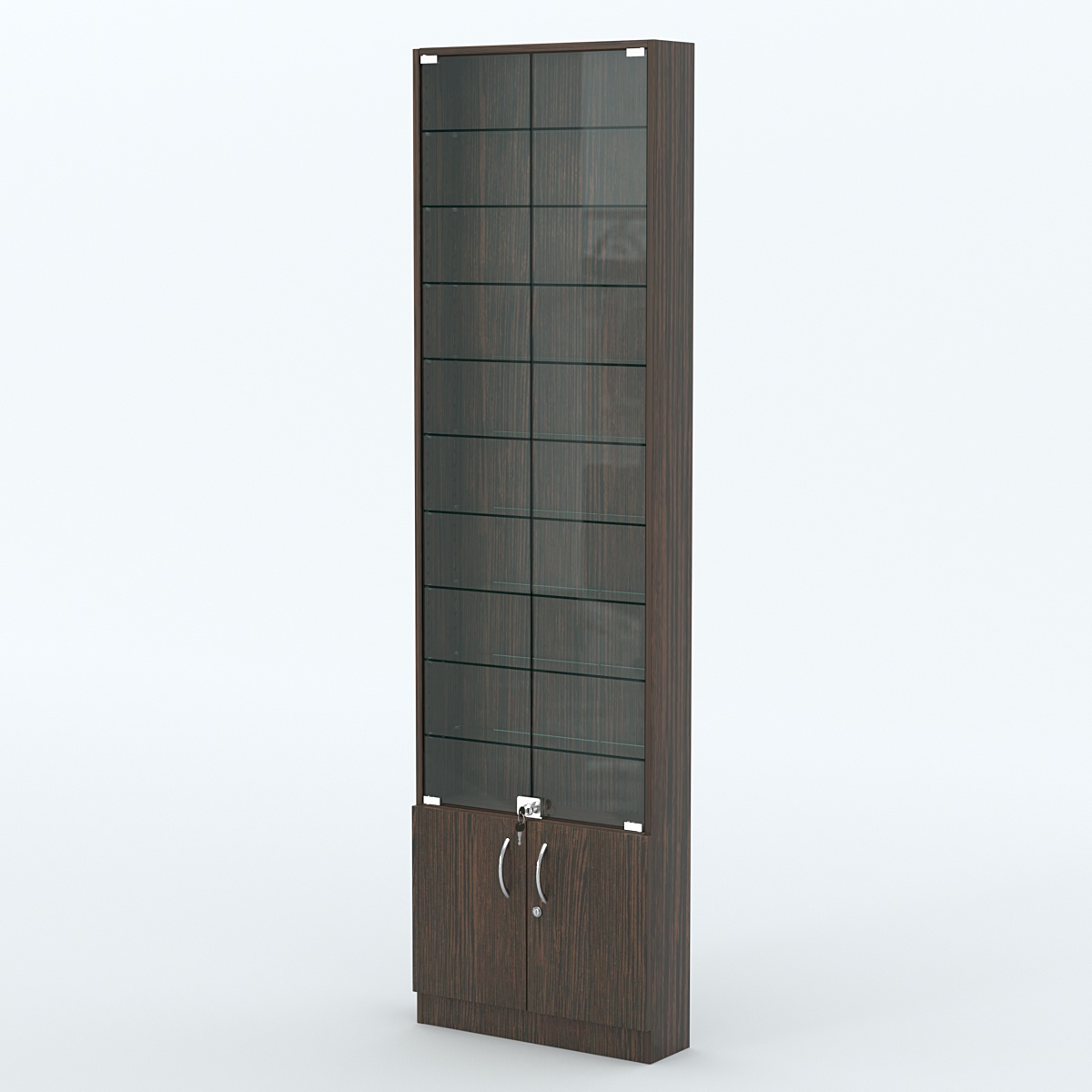 Торговая витрина с 9-ю стеклянными полками 150x600 мм серии NEXT-9 №2 (З/C - ДВП) Дуб Венге