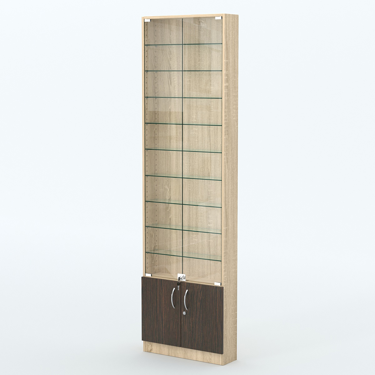 Торговая витрина с 9-ю стеклянными полками 150x600 мм серии NEXT-9 №2 (З/C - ДВП) Дуб Сонома + Дуб Венге