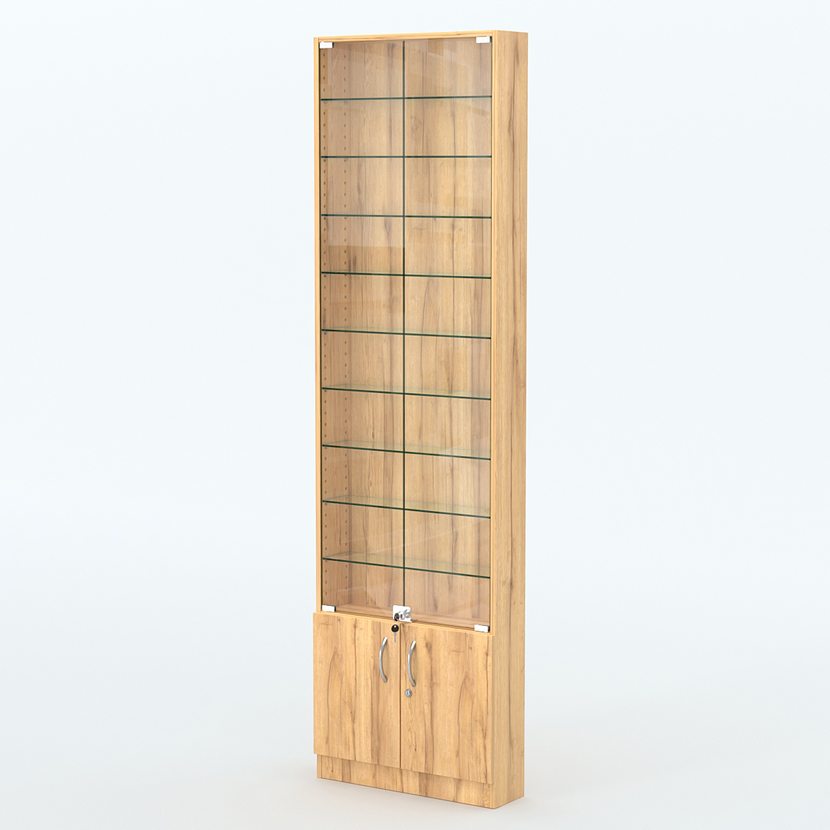 Торговая витрина с 9-ю стеклянными полками 150x600 мм серии NEXT-9 №2 (З/C - ДВП) Дуб Золотистый