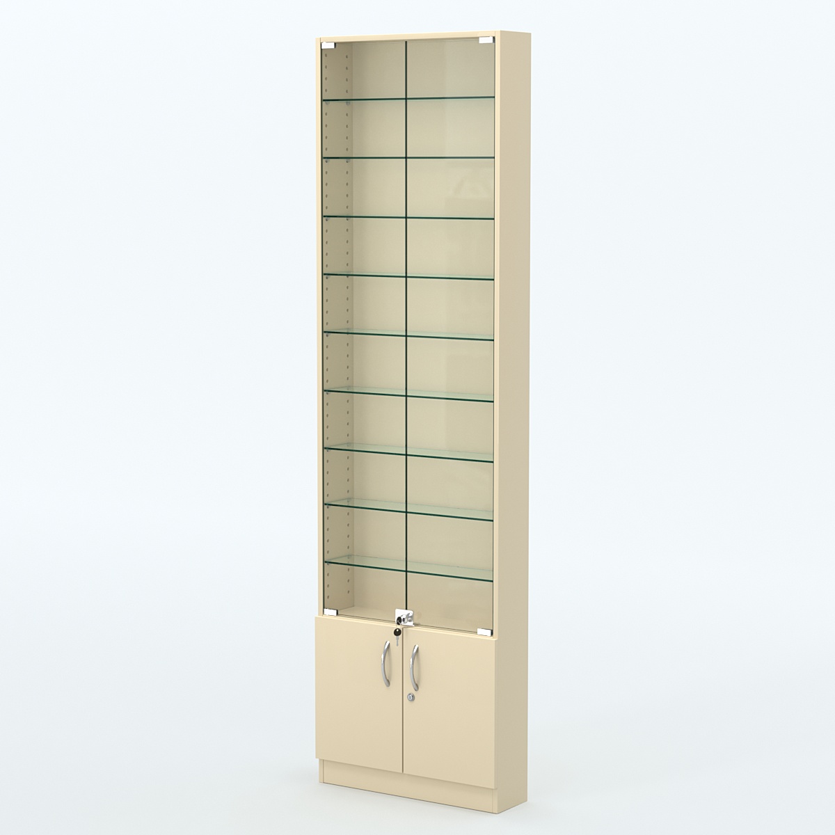 Торговая витрина с 9-ю стеклянными полками 150x600 мм серии NEXT-9 №2 (З/C - ДВП) Крем Вайс