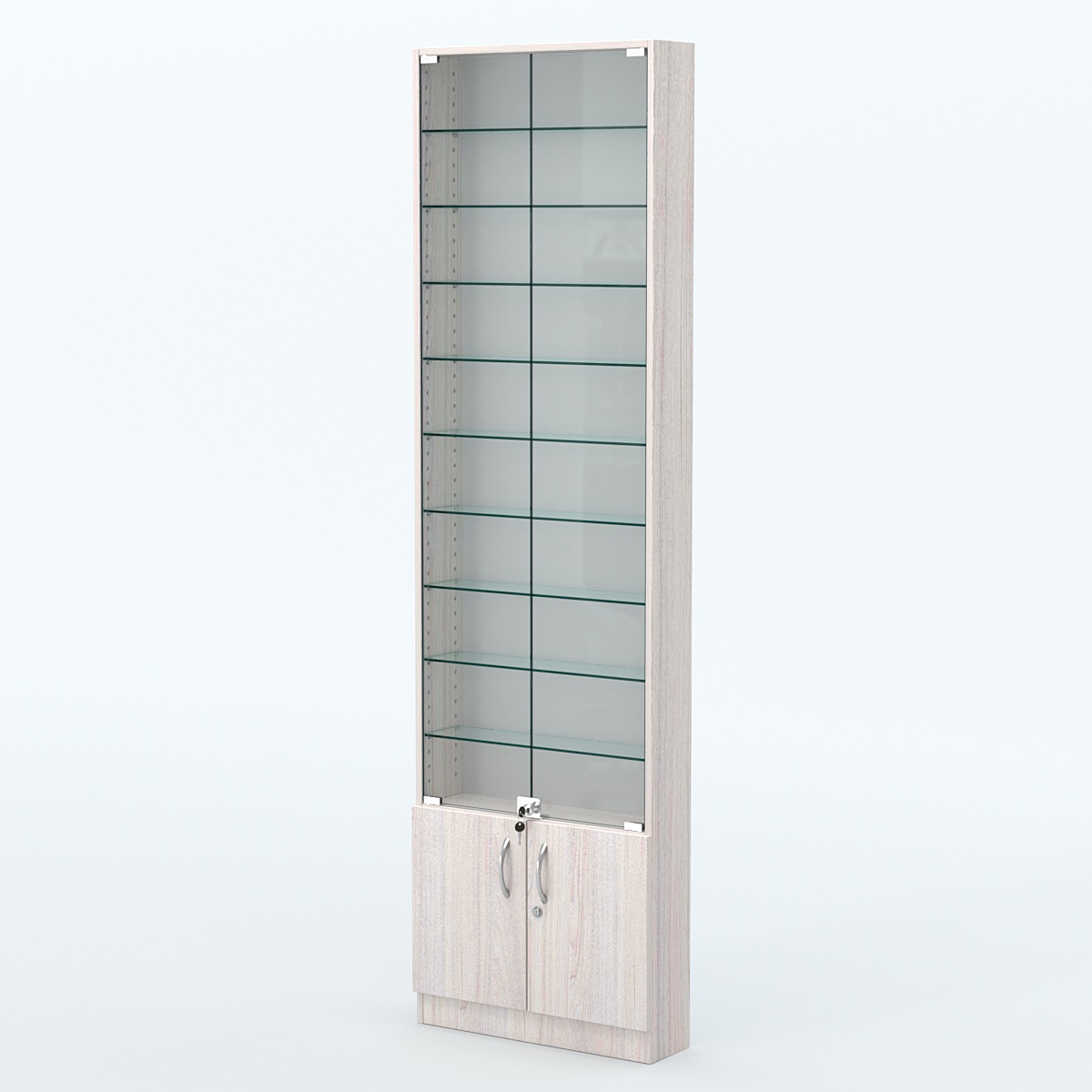Торговая витрина с 9-ю стеклянными полками 150x600 мм серии NEXT-9 №2 (З/C - ДВП) Ясень Анкор светлый